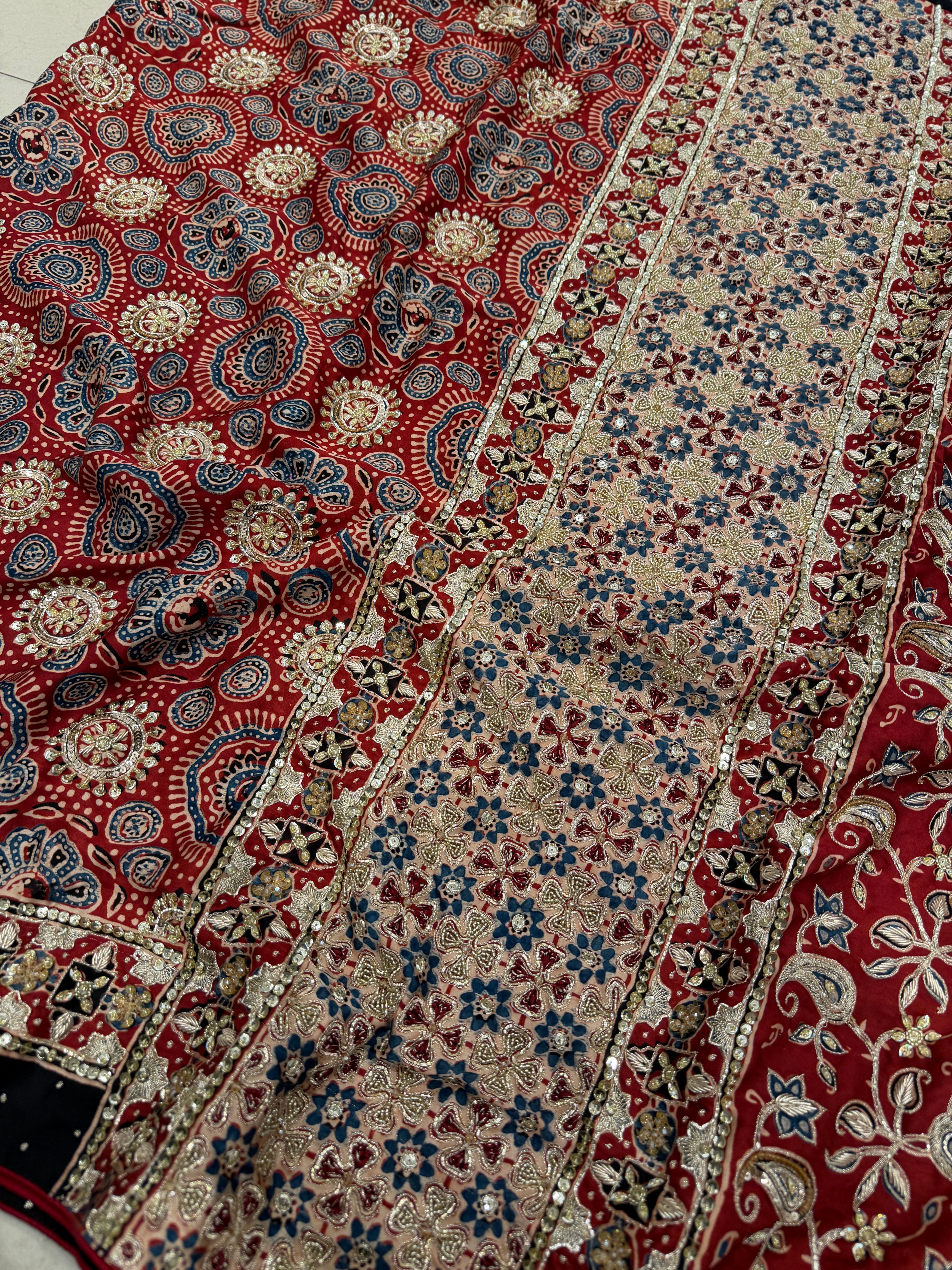 Red Ajrakh Pita Zardosi Ajrakh Hand Embroidery Saree