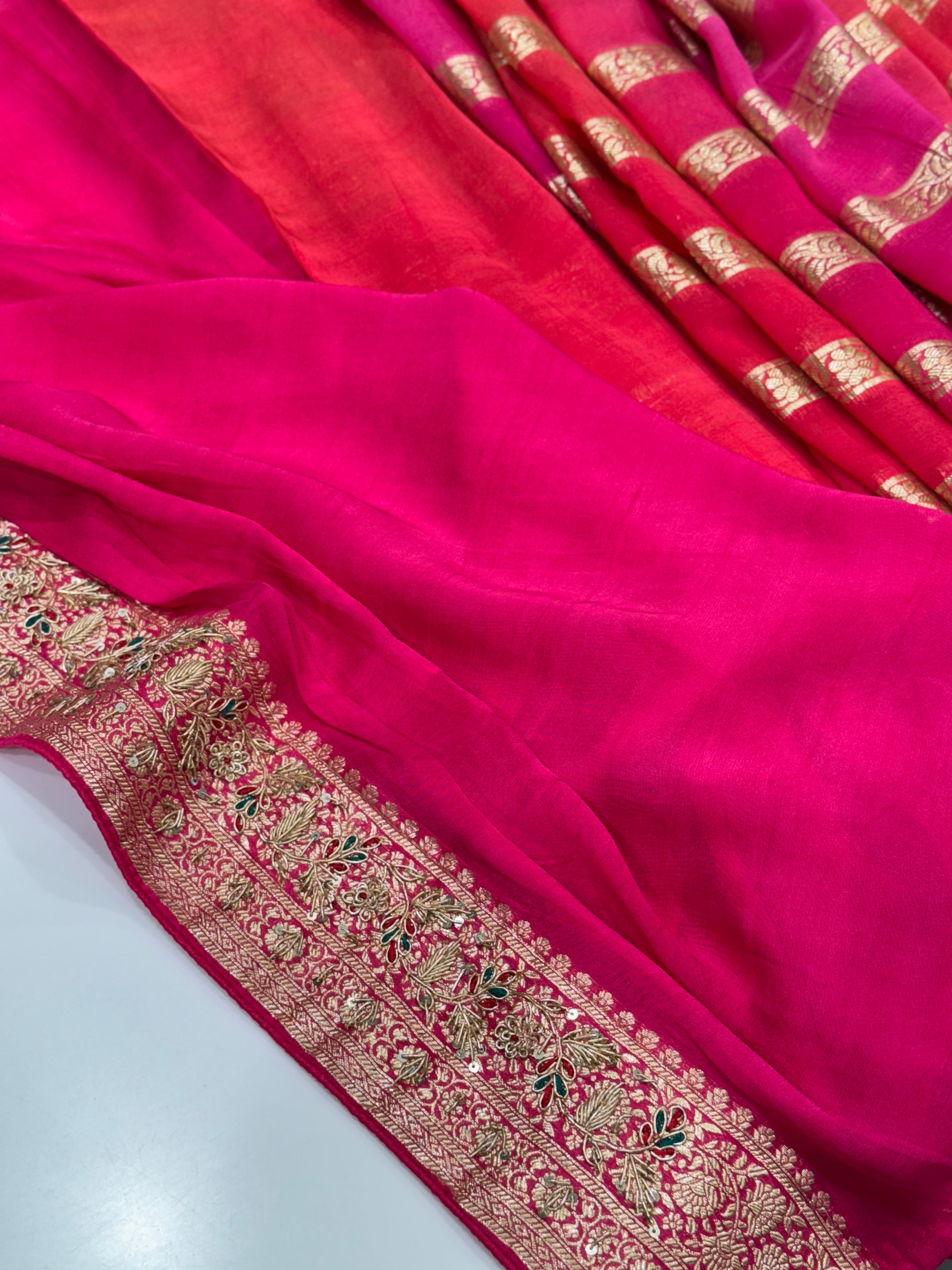 Shaded Satin Organza Zardosi Saree Leheriya Style