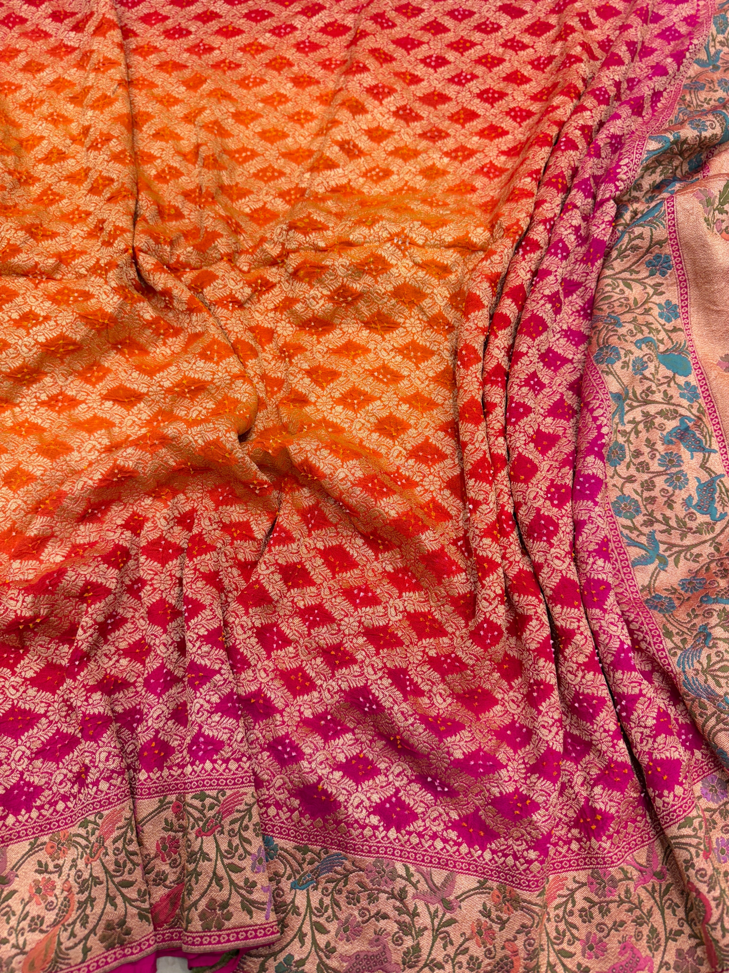 Rani Orange Shaded Shikara Border Meenakari Rai Bandhej Georgette Bandhini Saree