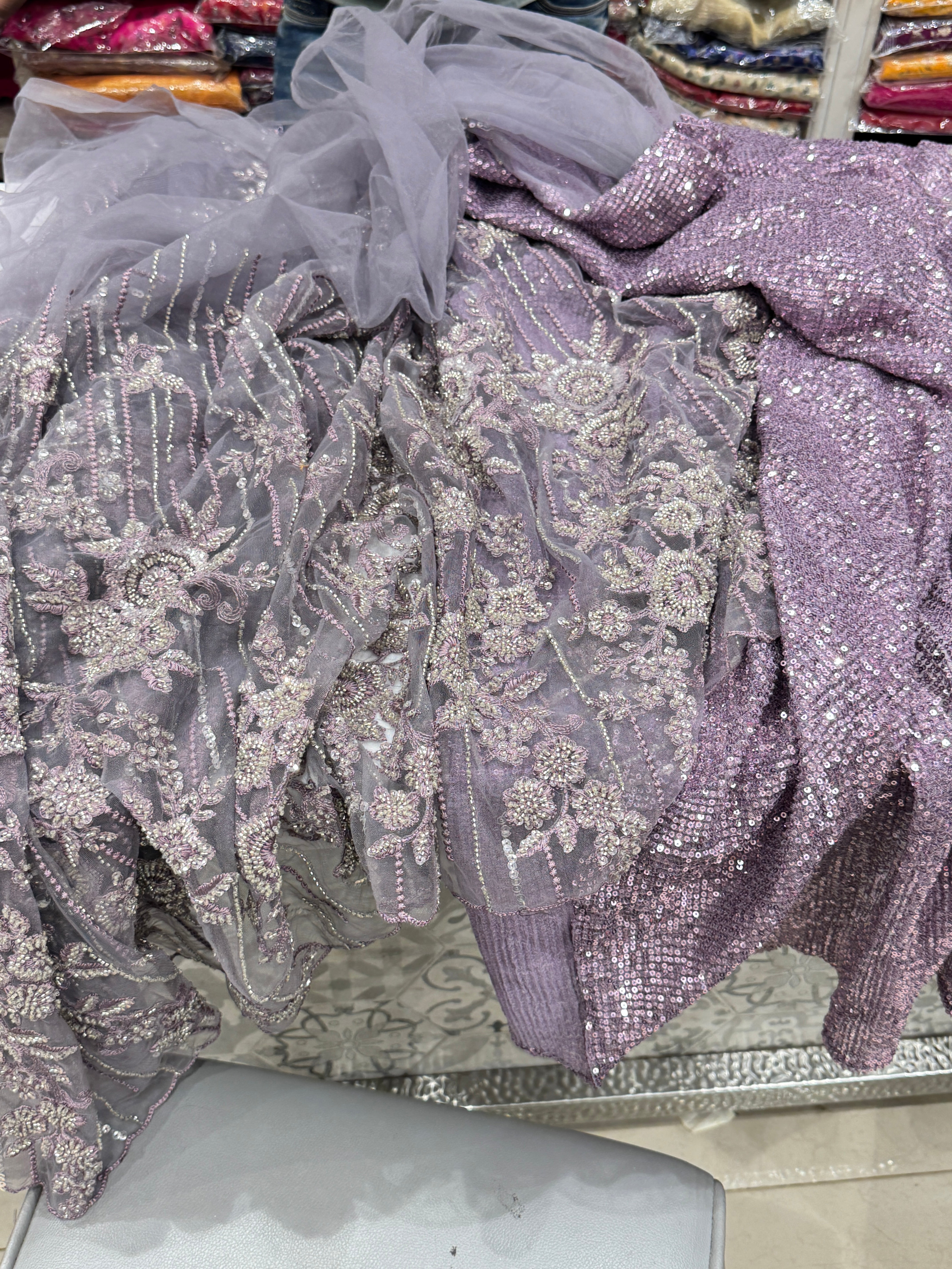 Lilac Embroidery Net Half and Half Saree