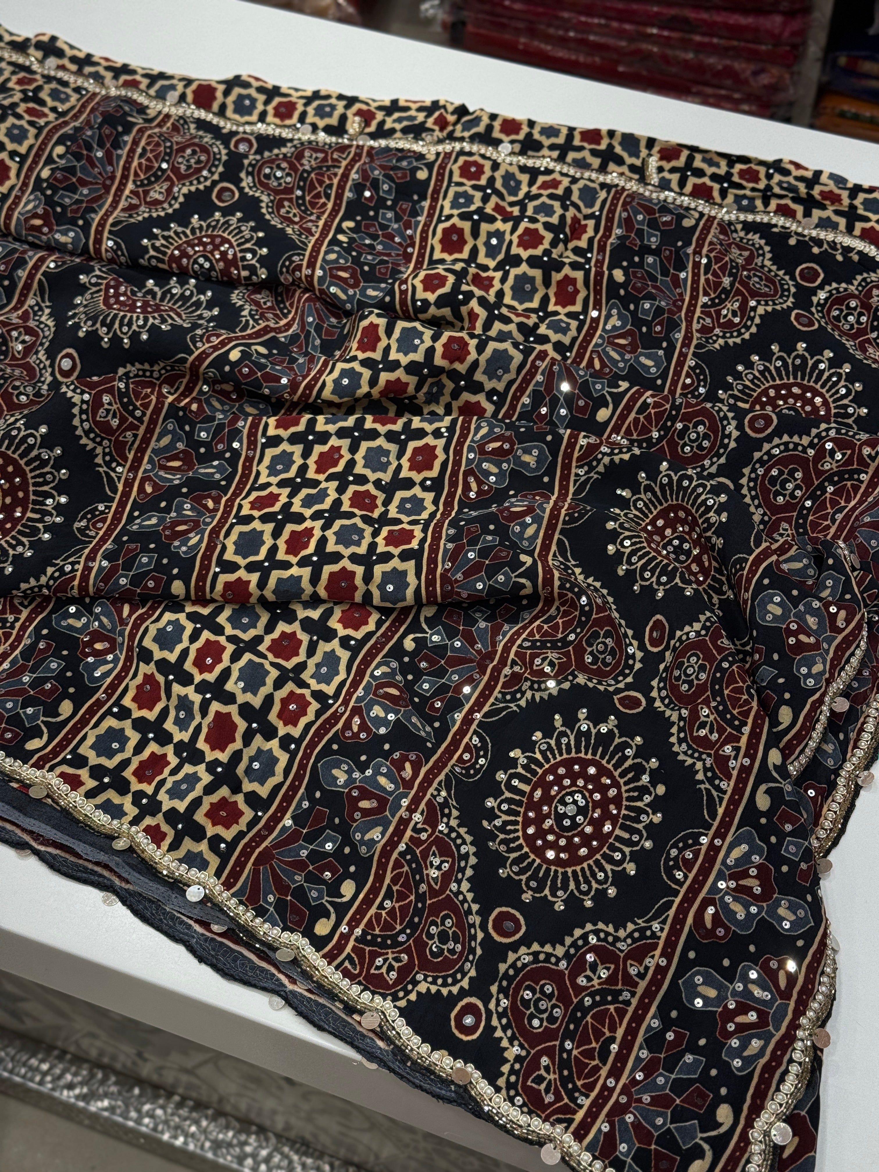 Ajrakh Satin Digital Print Hand Embroidery Saree