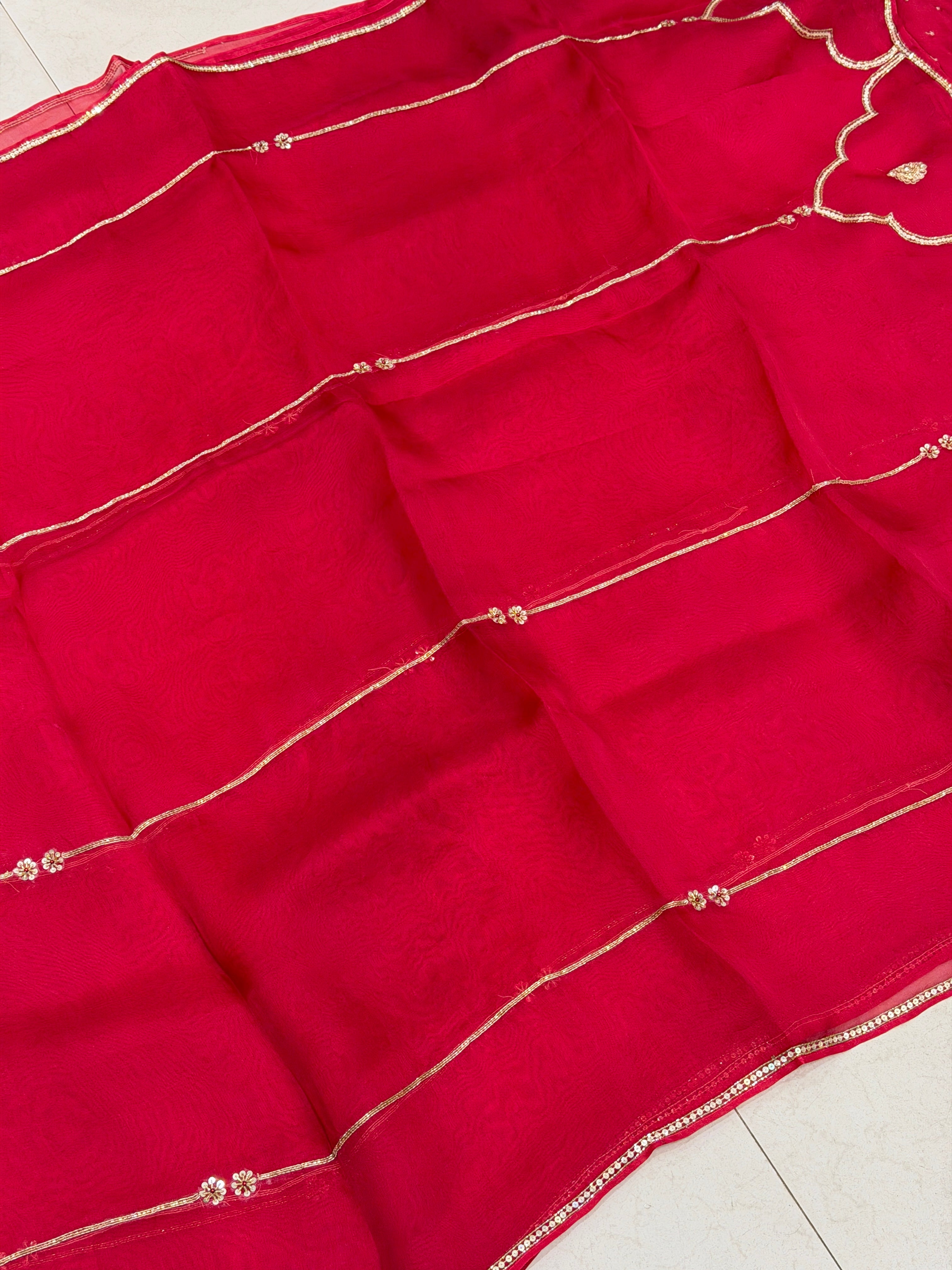 Red Pure Organza Raw Mango Inspired Contemporary Zardodi Moti Sequin Hand Embroidery Saree