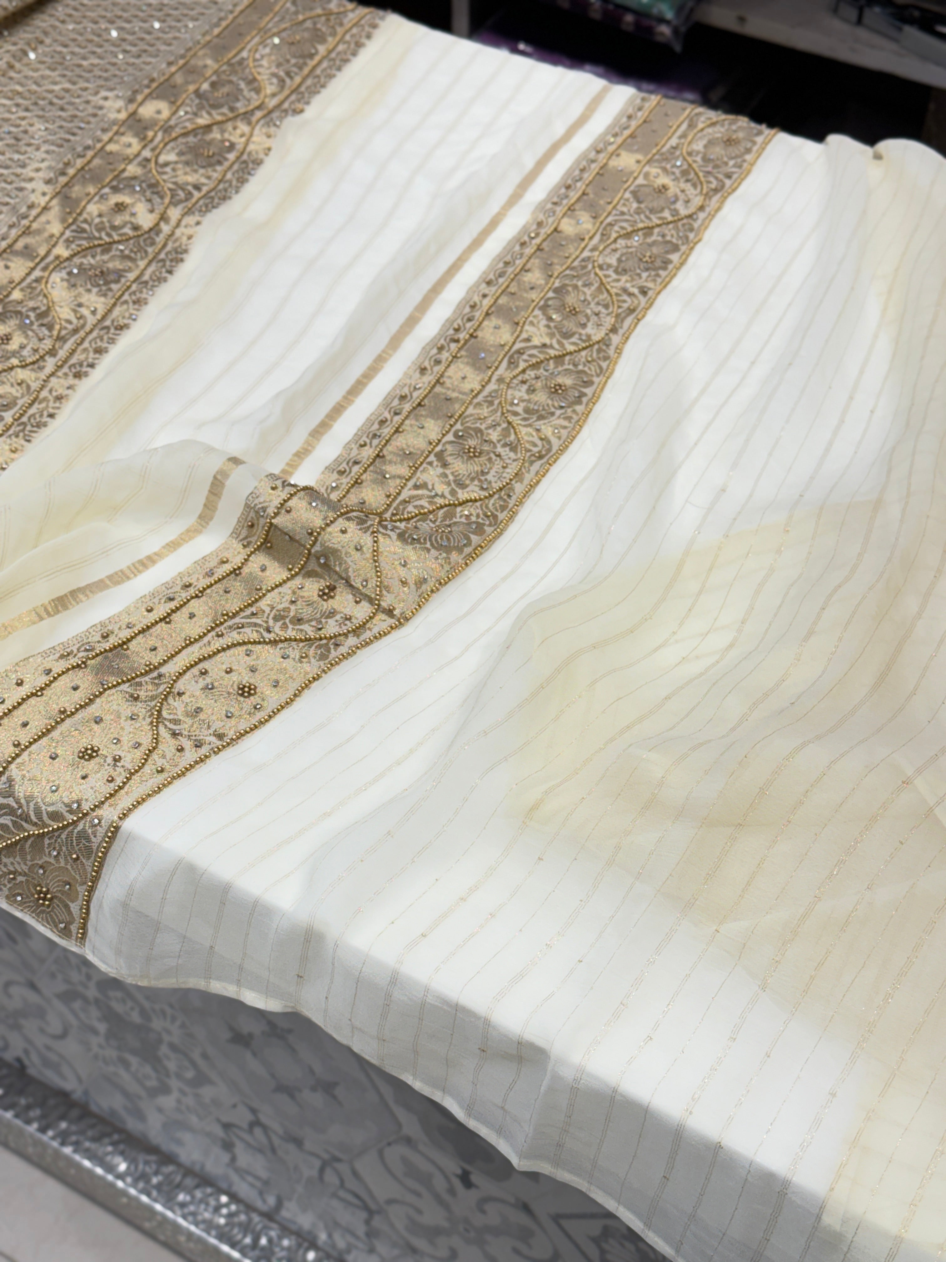 Beige Banarasi Khaddi Georgette Hand Done Buttis Saree