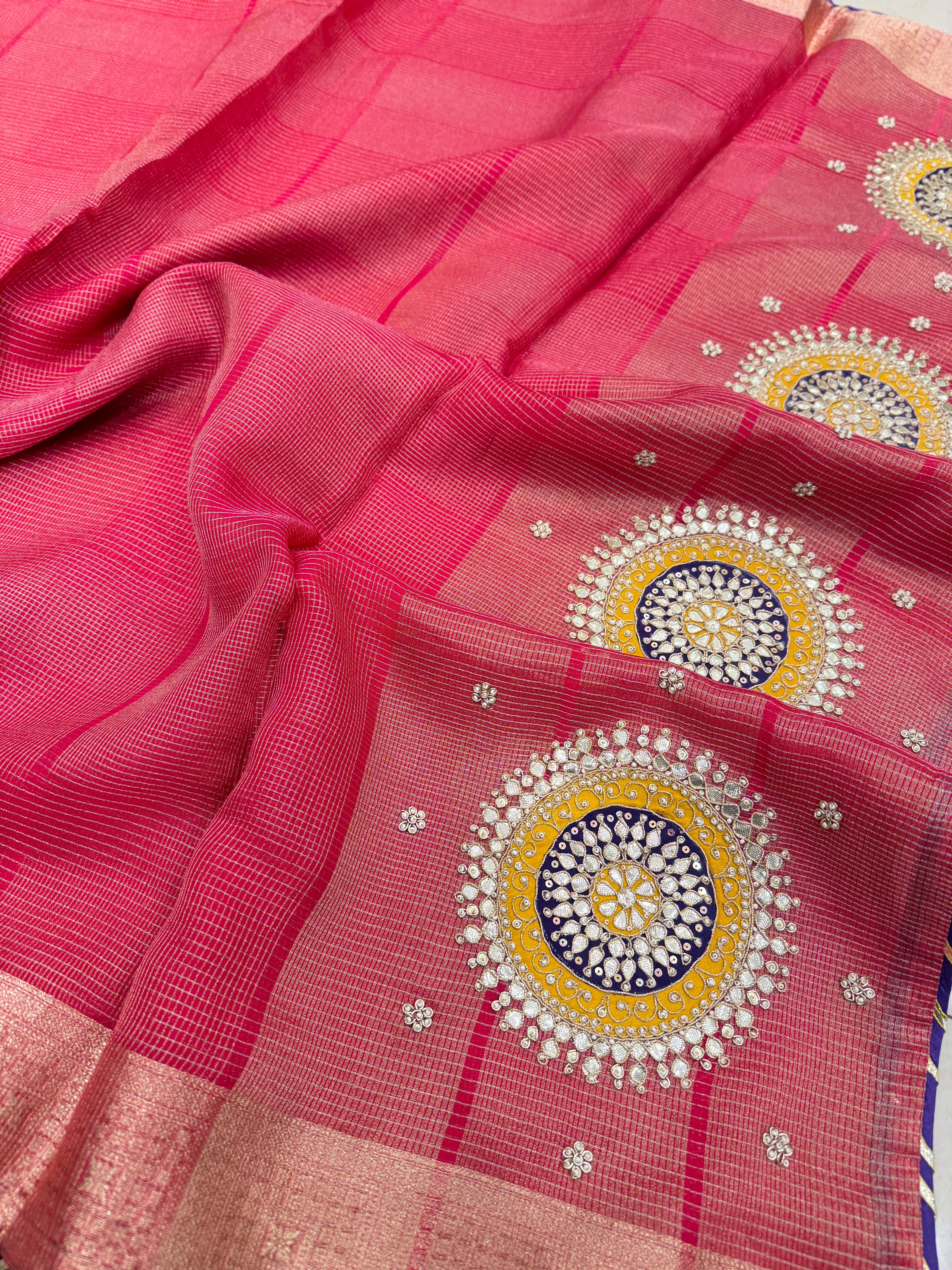 Pink Contemporary Tissue Saree With Gotapatti Patch Ready Blouse
