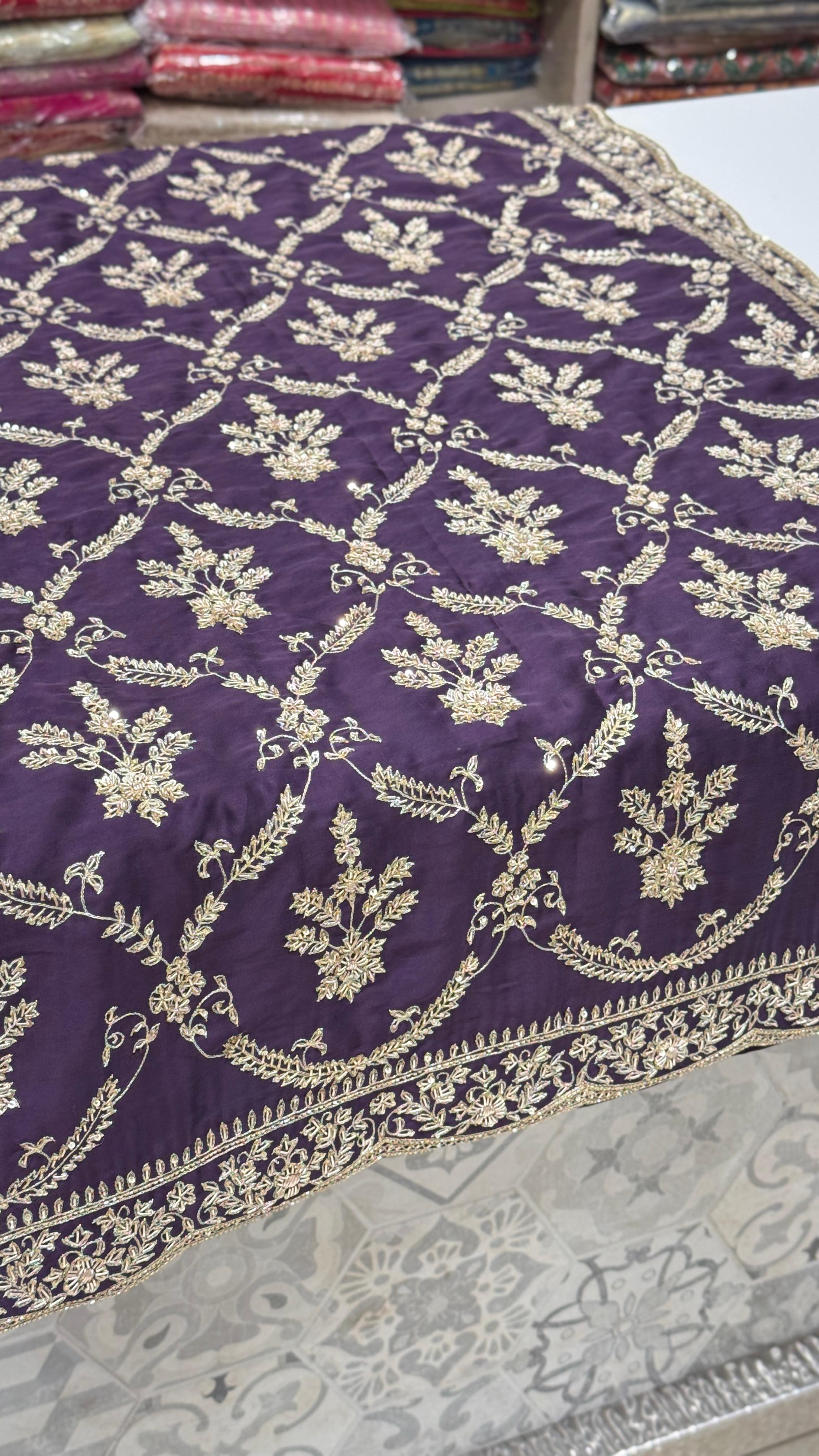 Purple Pure Satin Hand Embroidered Zardozi Saree