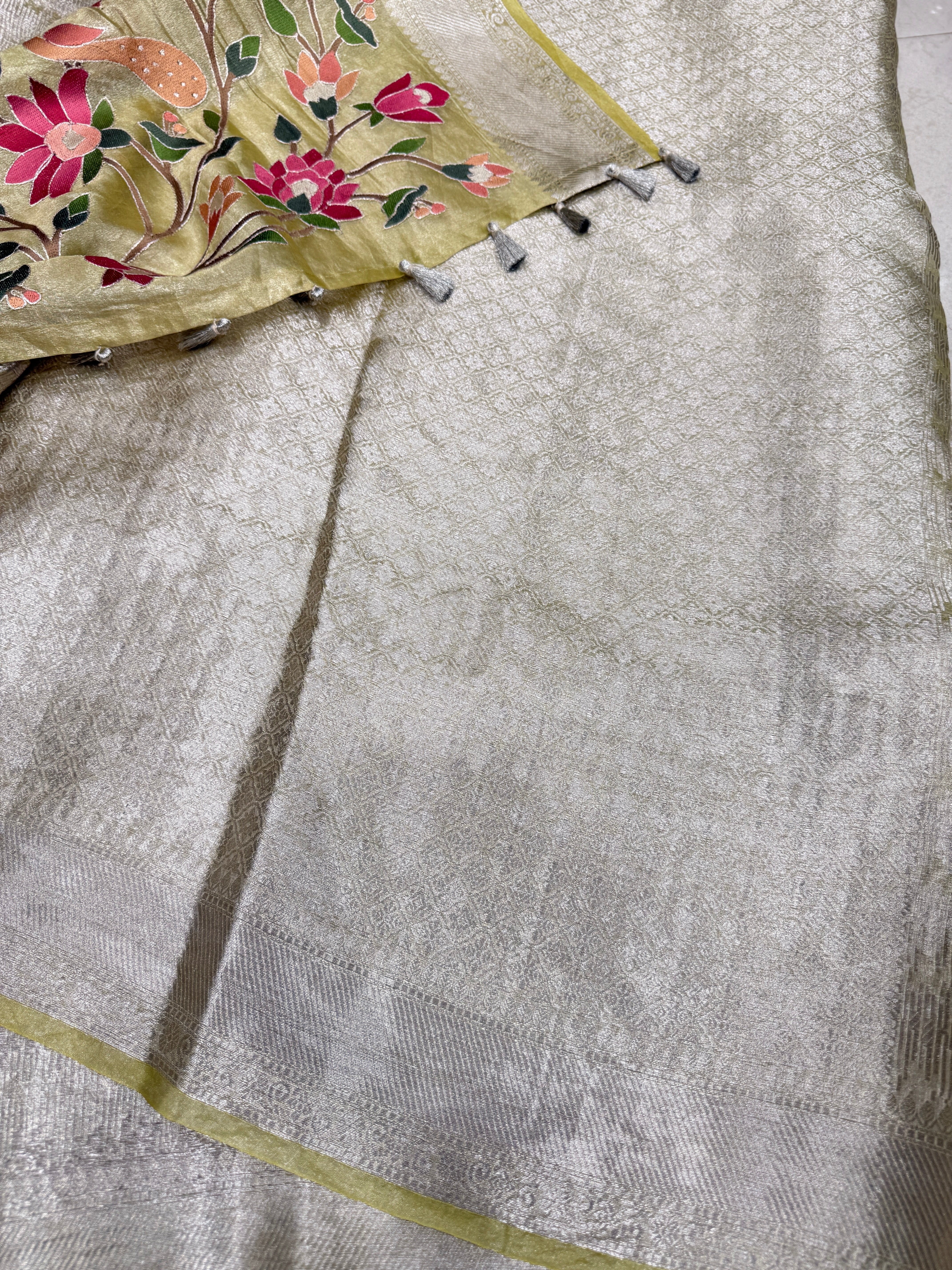 Yellow Silver Handloom Tissue Swans Contemporary Resham Embroidery Saree