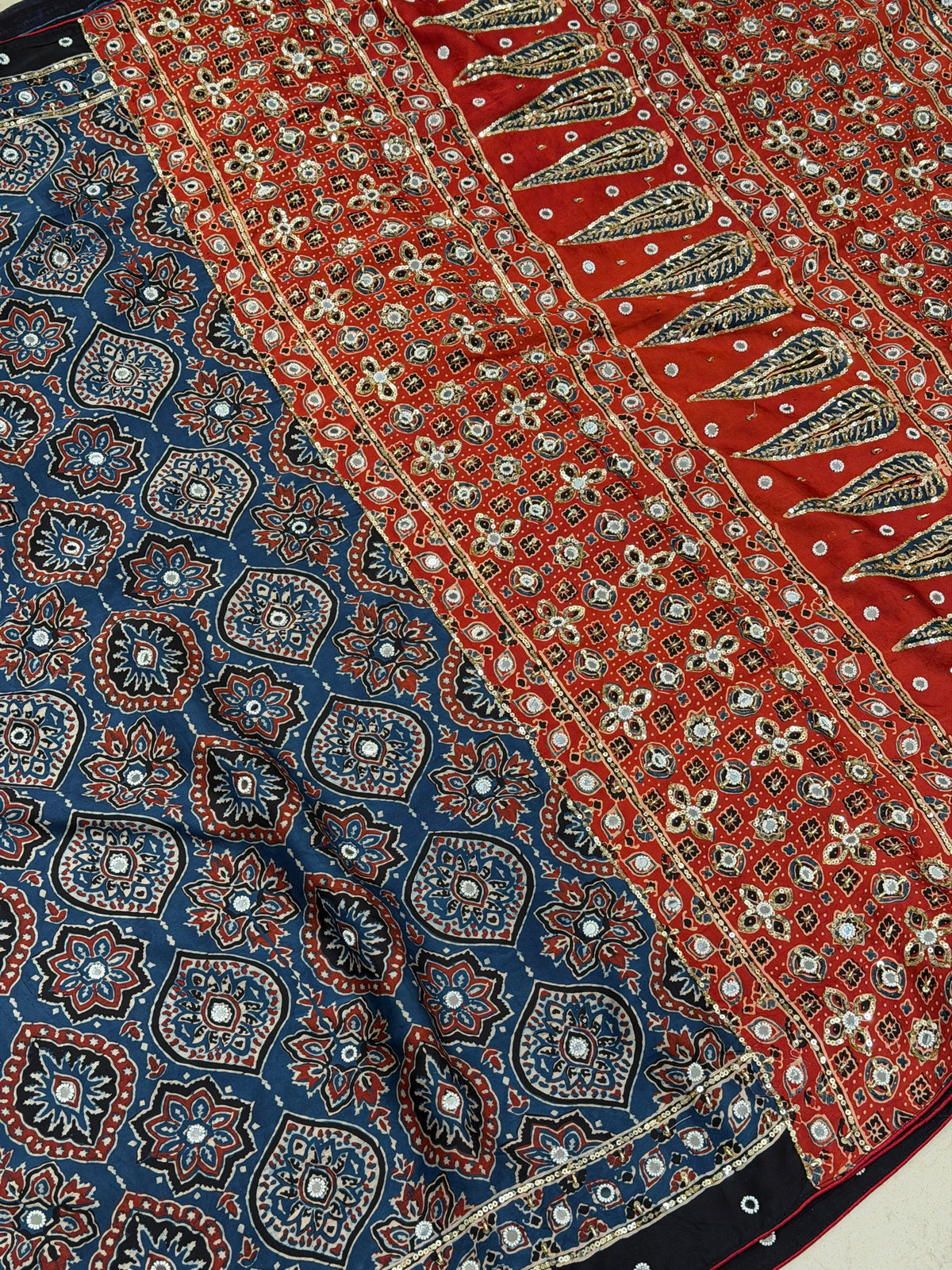 Blue Red Badam Jaal Ajrakh Real Mirror Moti Sequin Hand Embroidery Saree