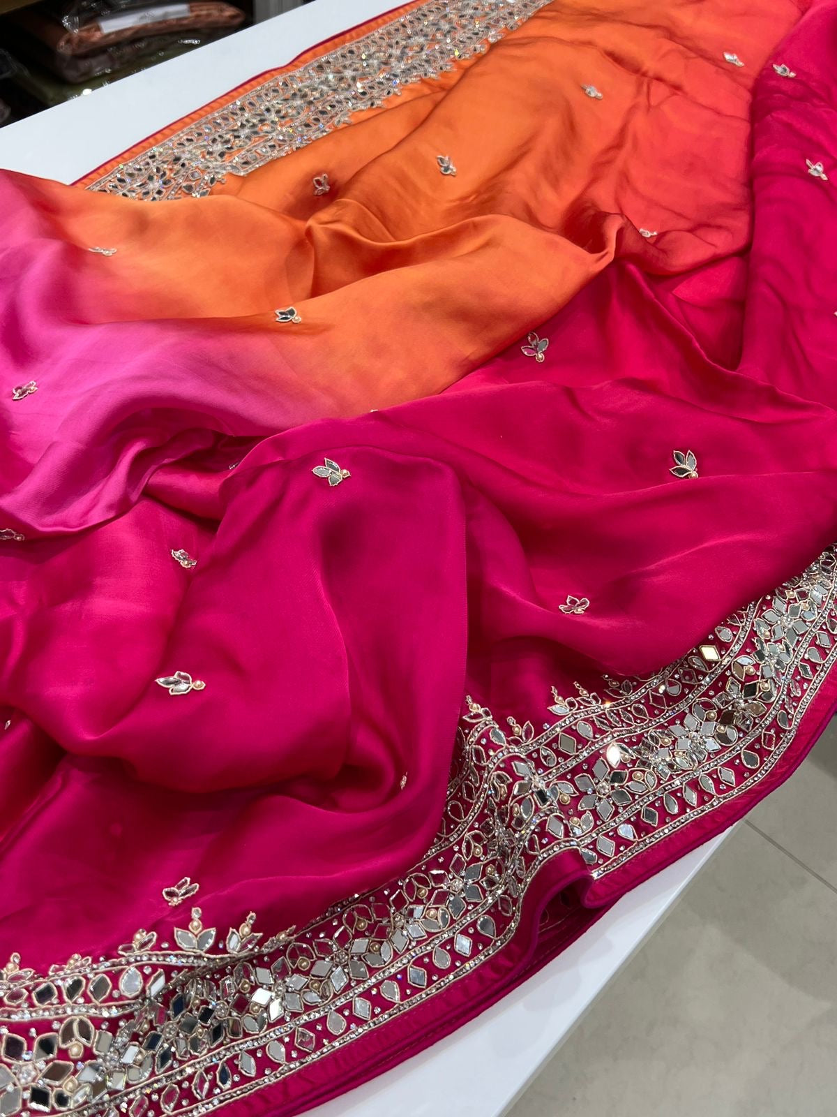 Shaded Satin Organza Real Mirror Zardosi Embroidery