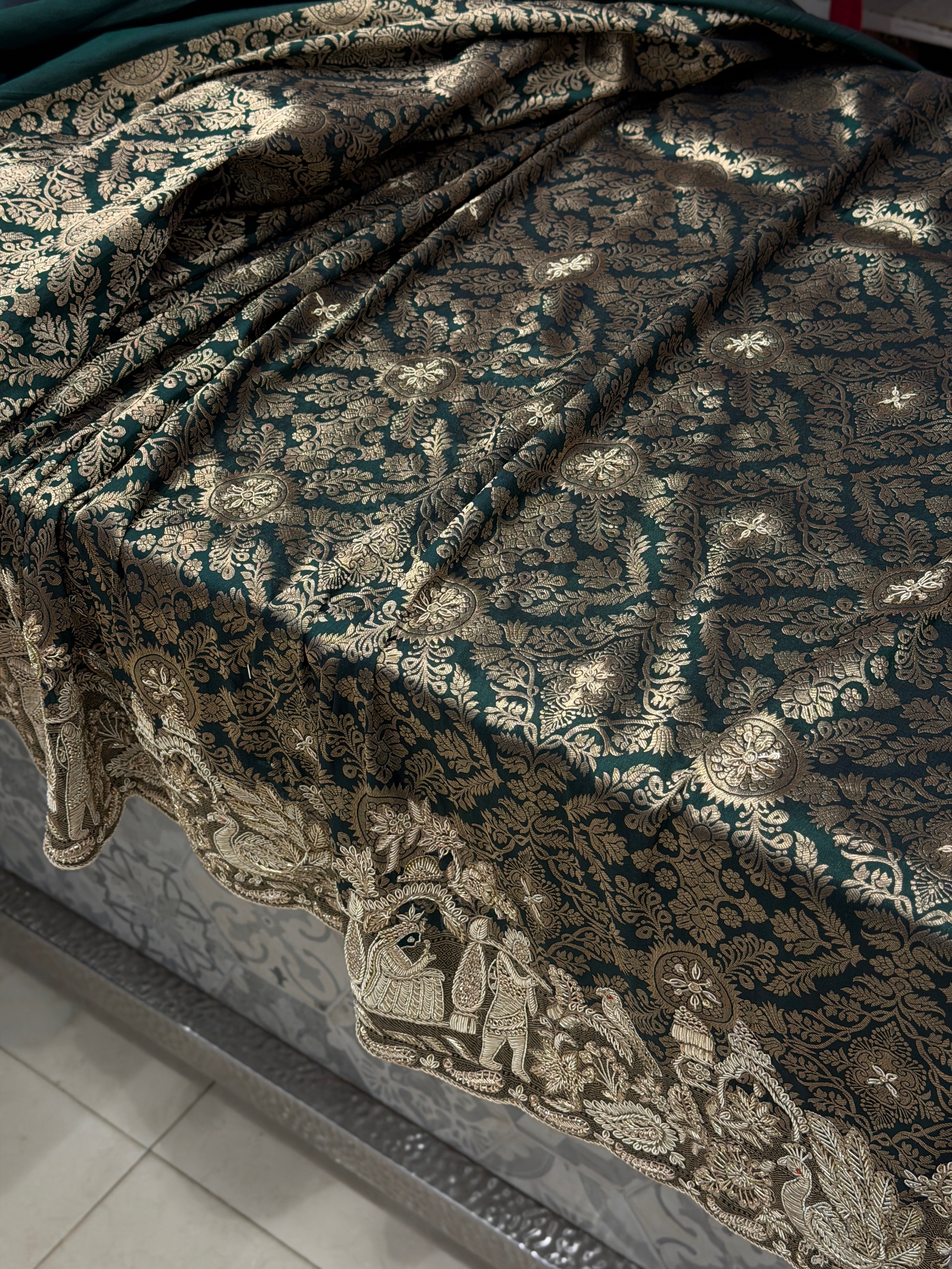 Bottle Green Handloom Banarasi Pure Katan Doli Zardosi Embroidery Saree