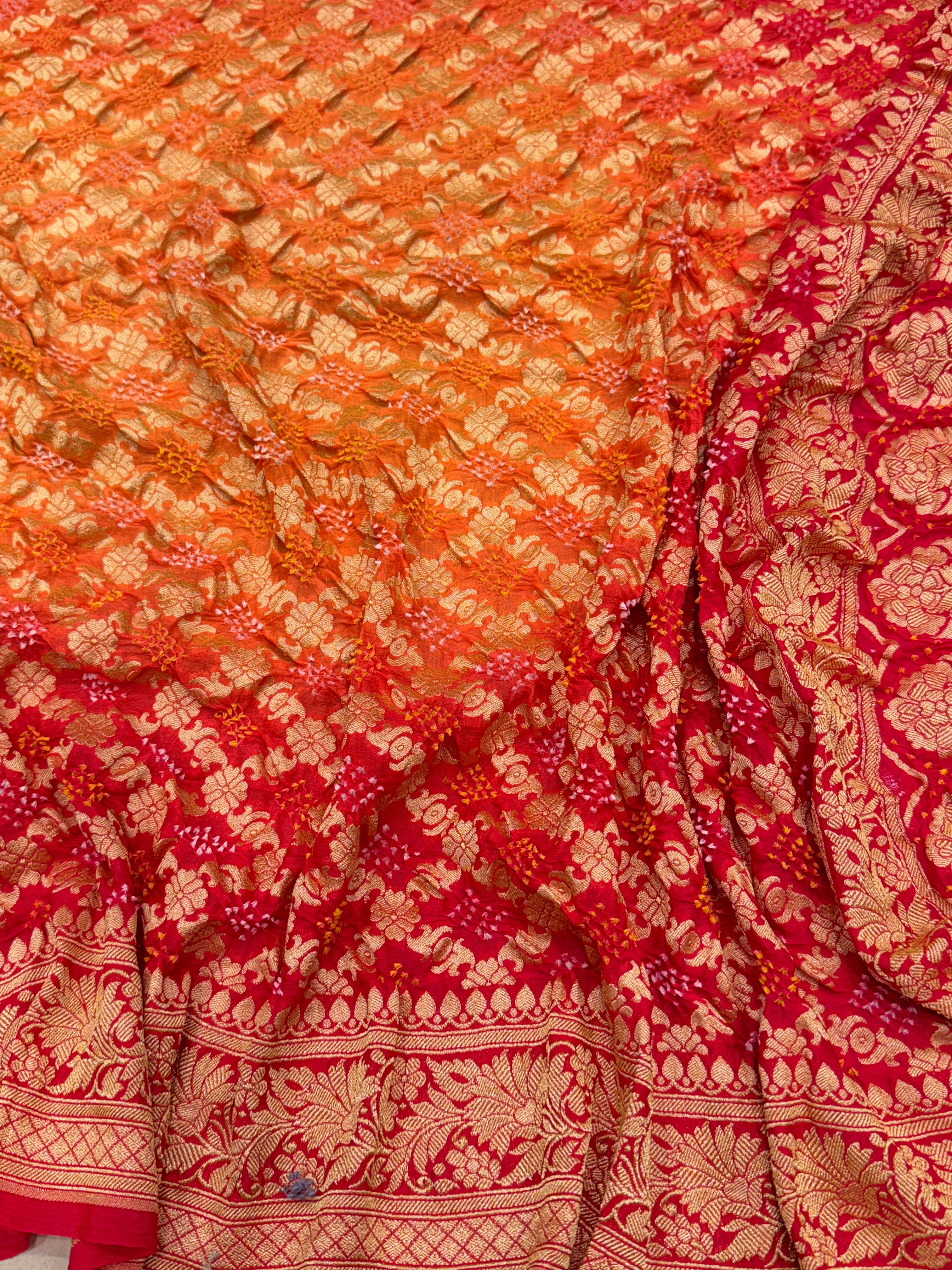 Strawberry Orange Shaded Floral Border Bandhej Bandhini Saree