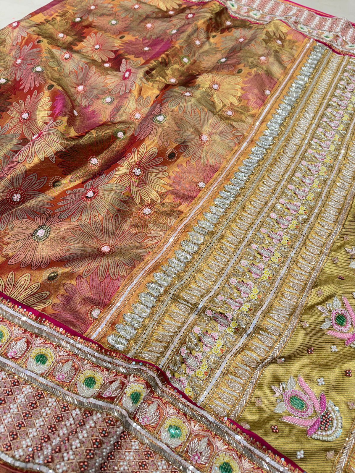 Red Floral Contrast Meenakari Tissue Kanjivaram Zardosi Hand Embroidery Saree