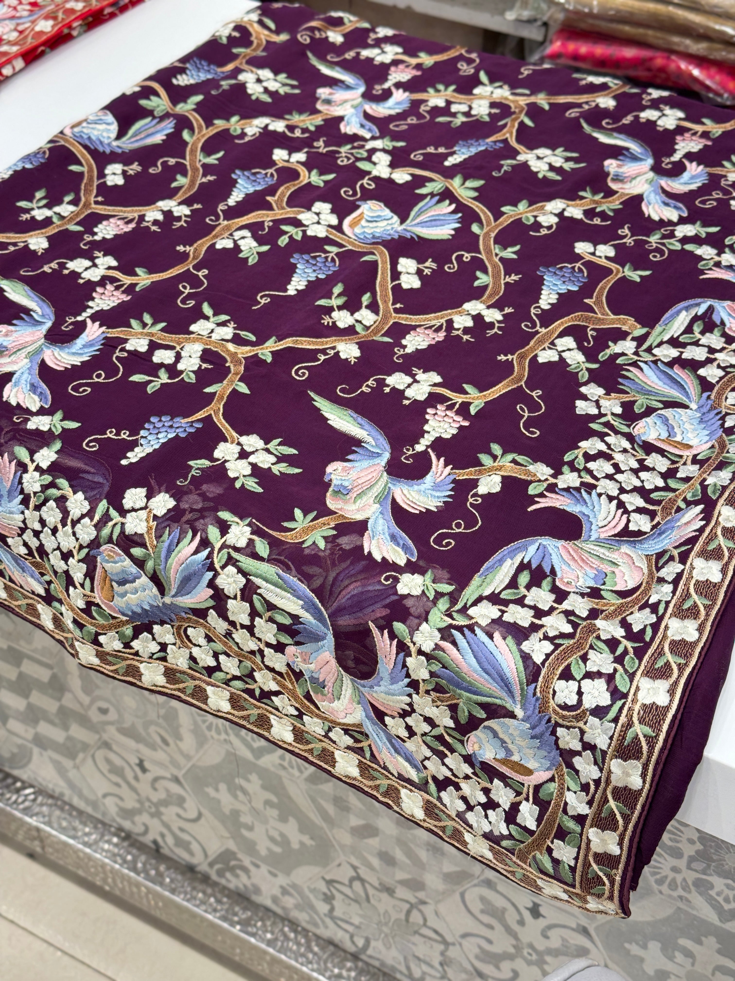 Wine Georgette Parsi Gara with Chakla Chakli Design Saree