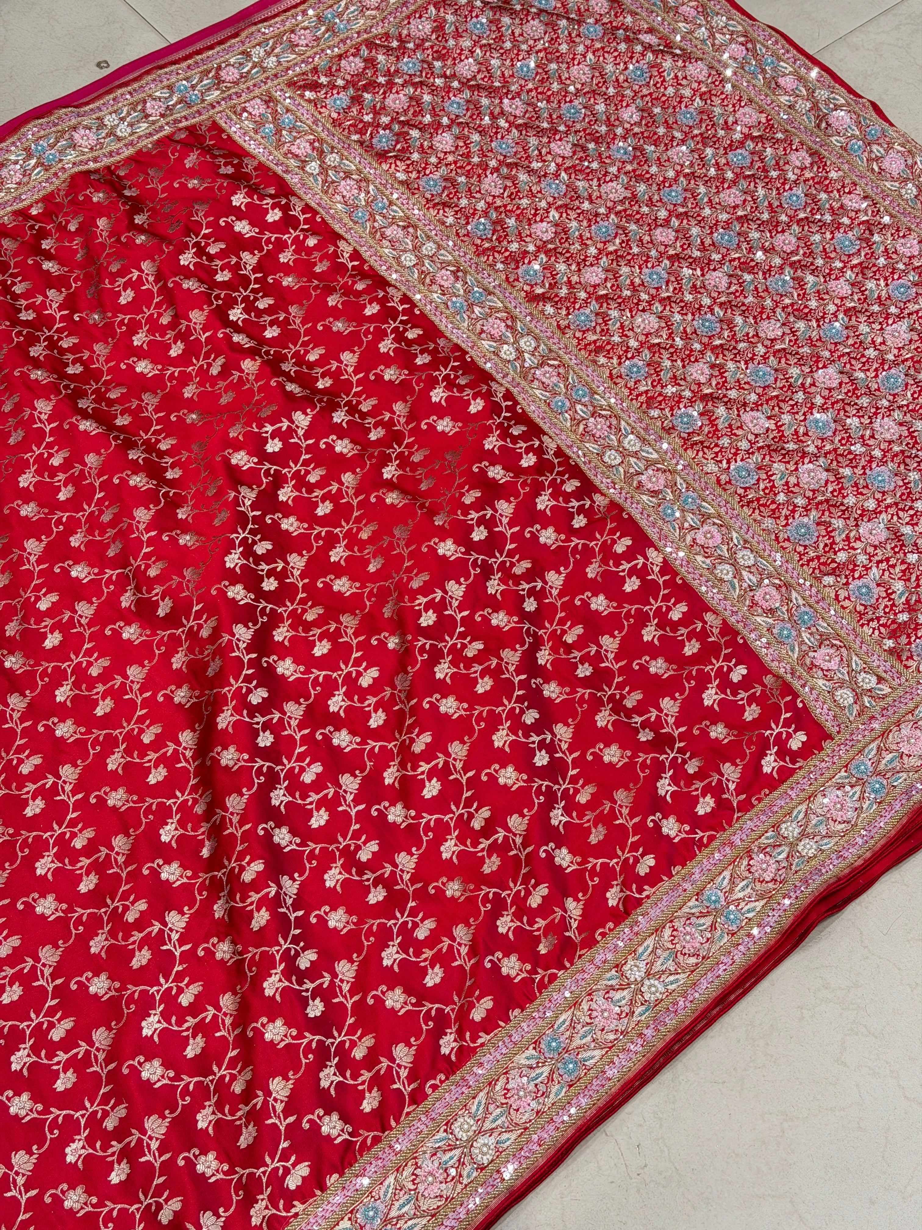 Red Banarasi Pine Jaal Moti Zardosi Hand Embroidery Saree