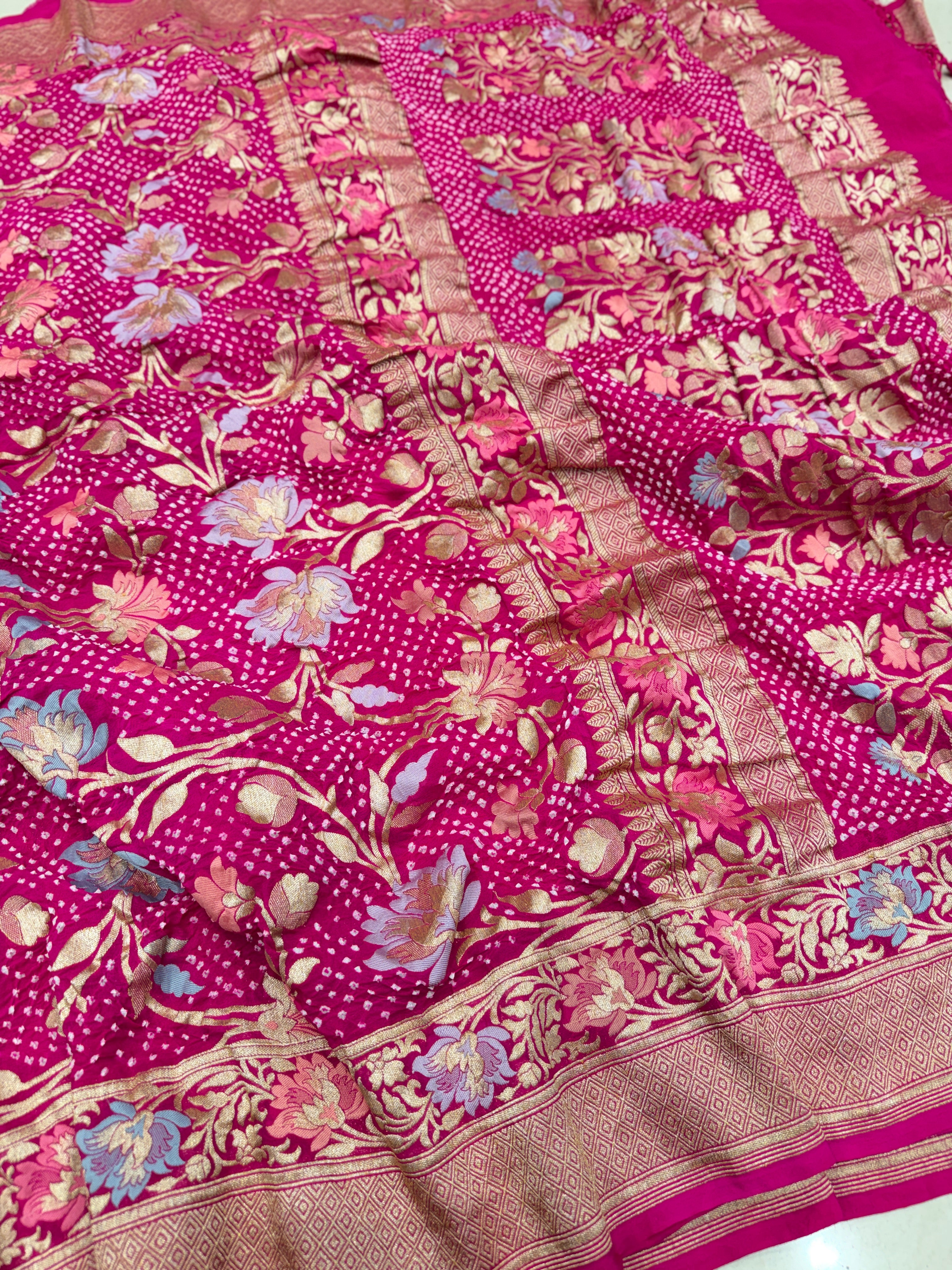 Rani Pink Jaal Meenakari Handloom Banarasi Georgette Rai Bandhej Saree