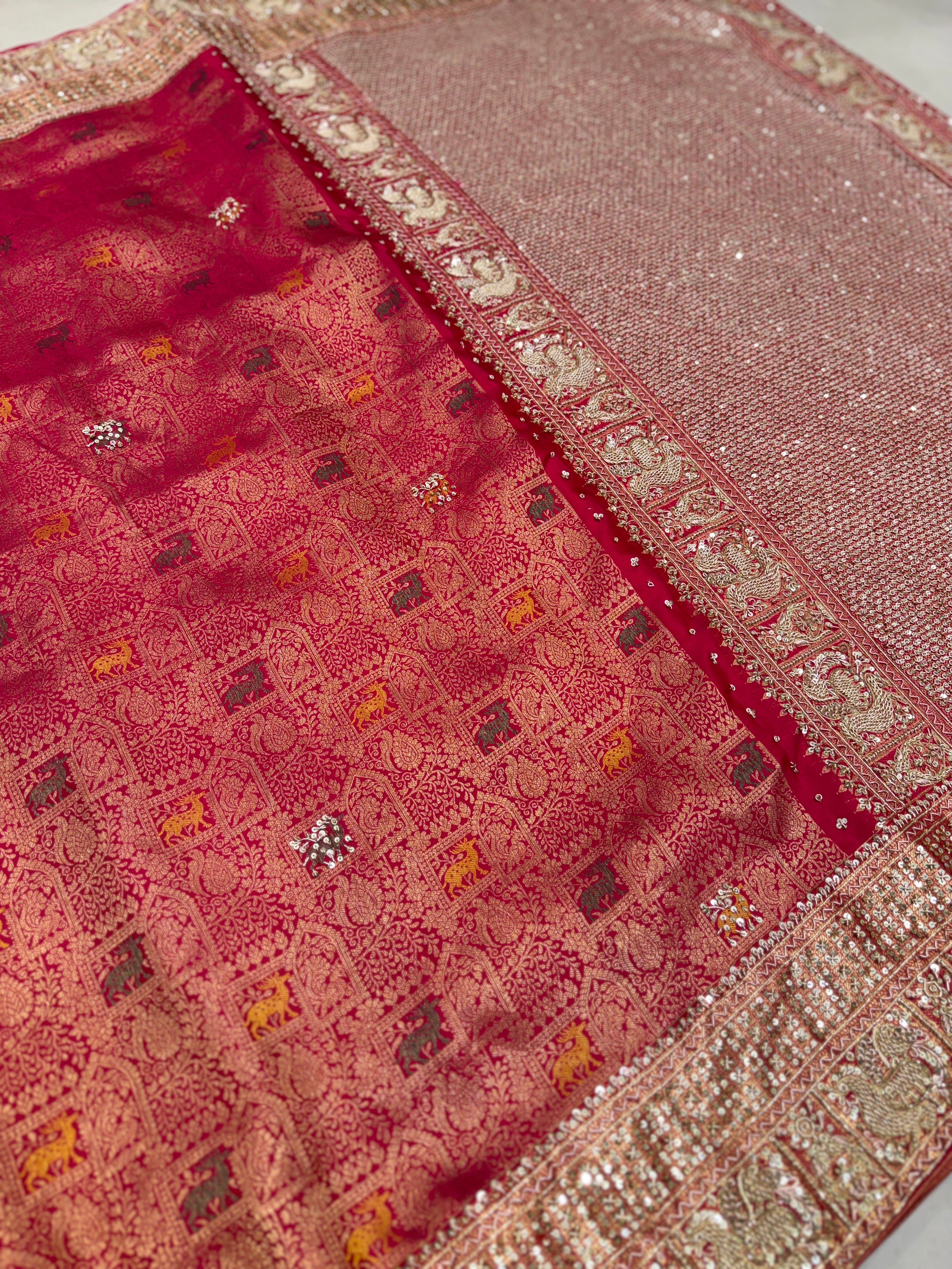 Rani Pink Peacock Motif Meenakari Hand Embroidery Zardosi Saree