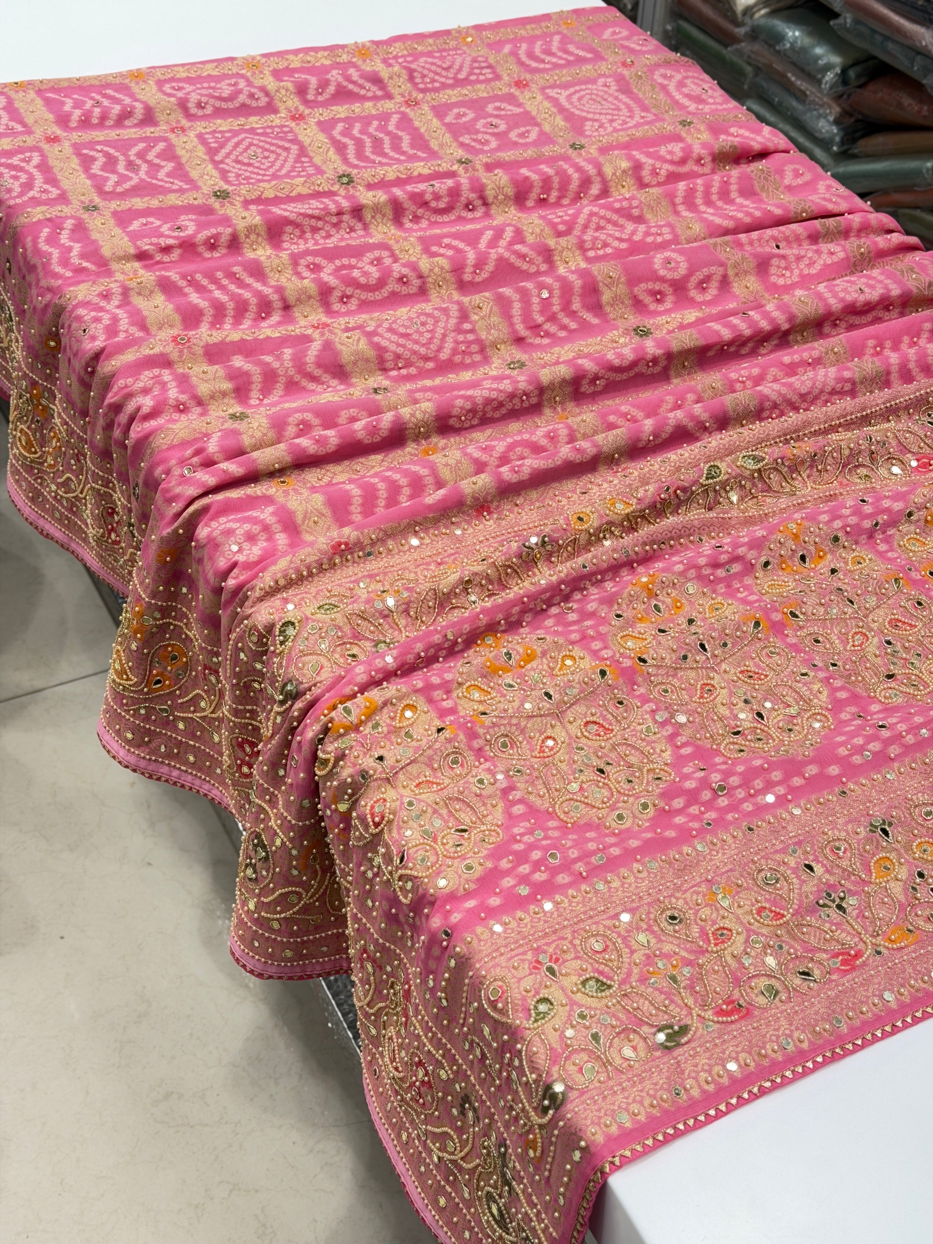 Pink Gharchola Moti Hand Embroidery Saree