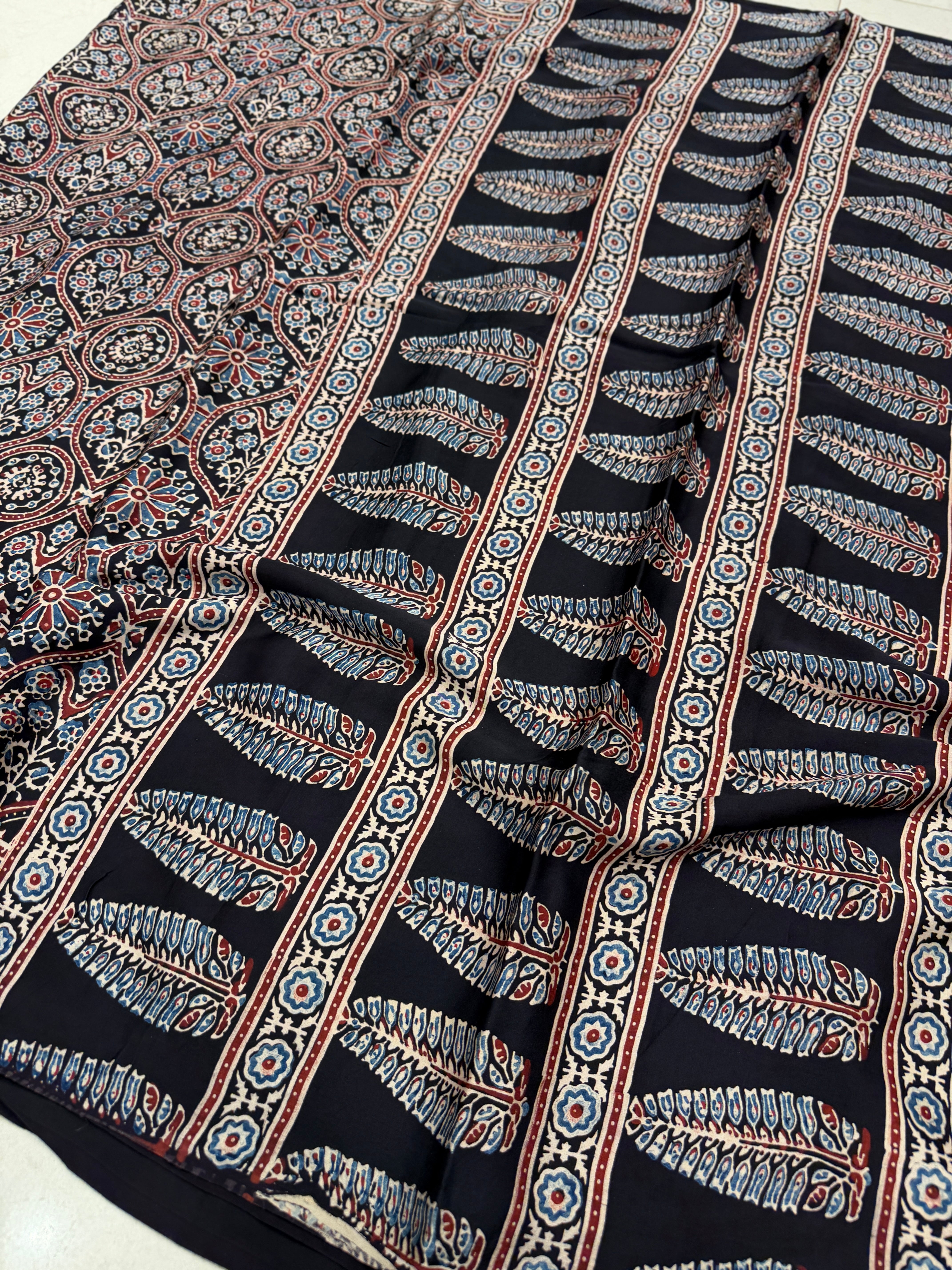 Black Coated Flower Buttis Ajrakh Hand Block Print Pure Modal Silk Saree