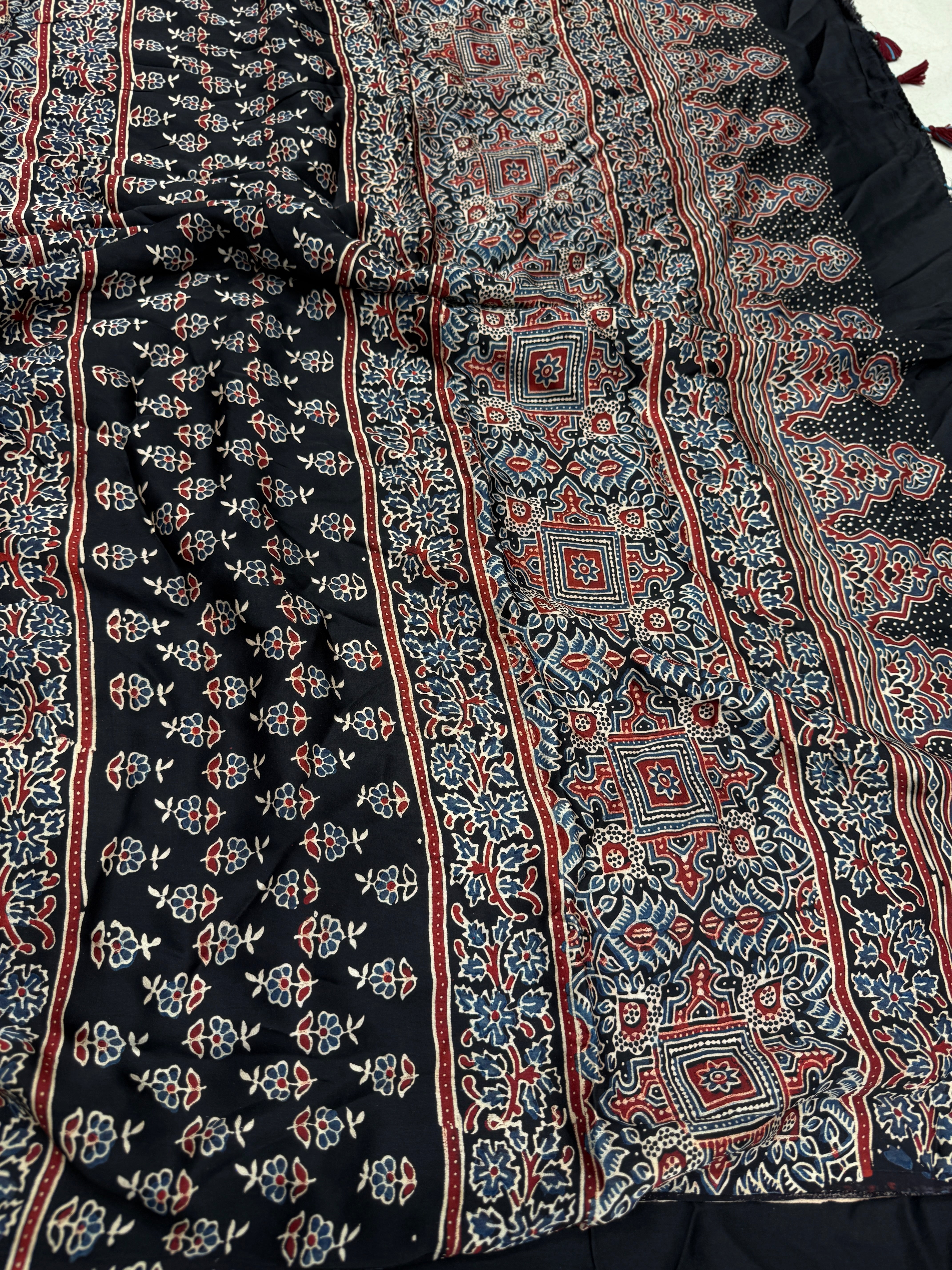 Black Badam Jaal Ajrakh Block Print Hand Pure Gajji Silk Saree