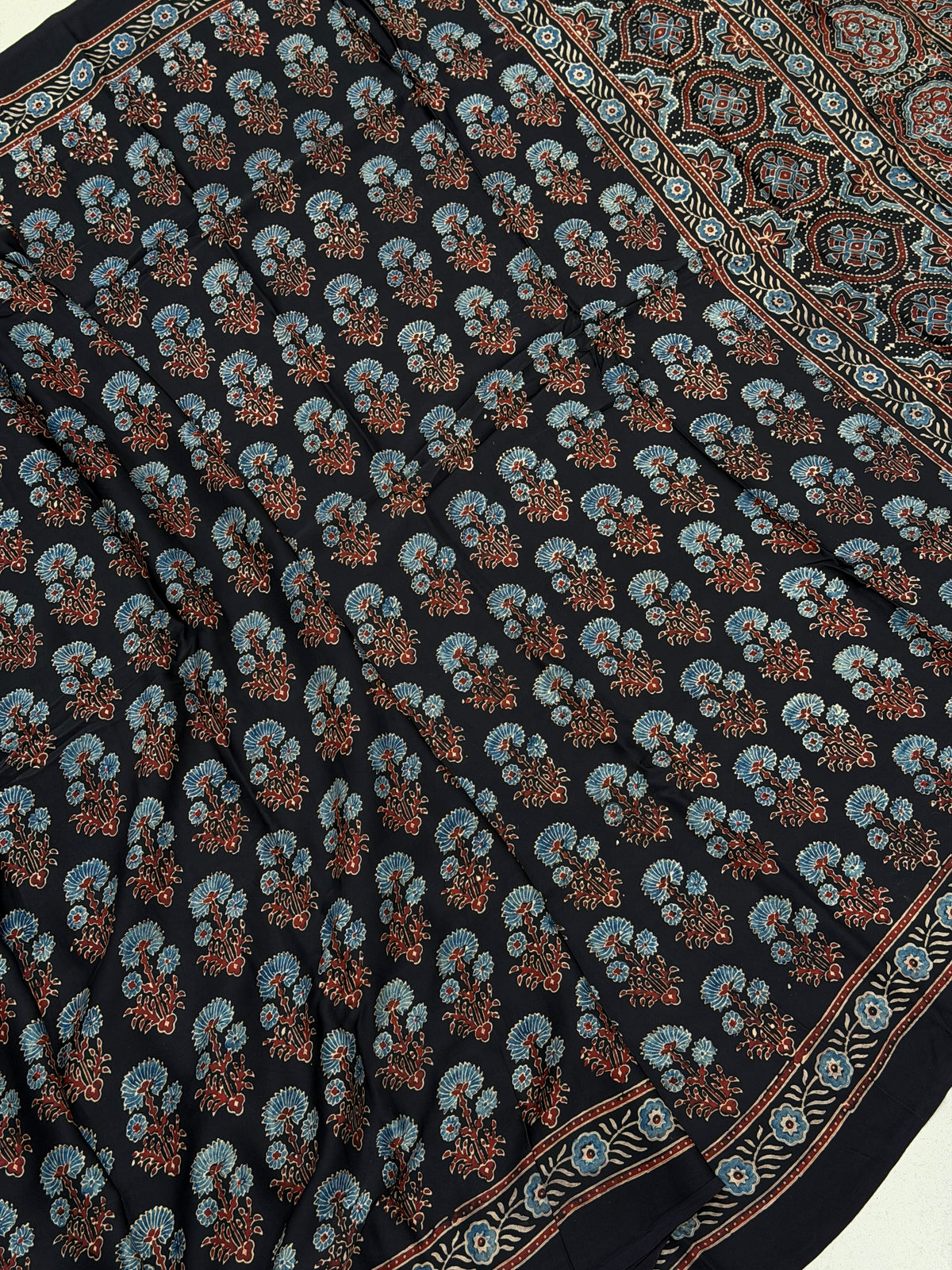 Black Buttas Ajrakh Hand Block Print Pure Gajji Silk Dupatta