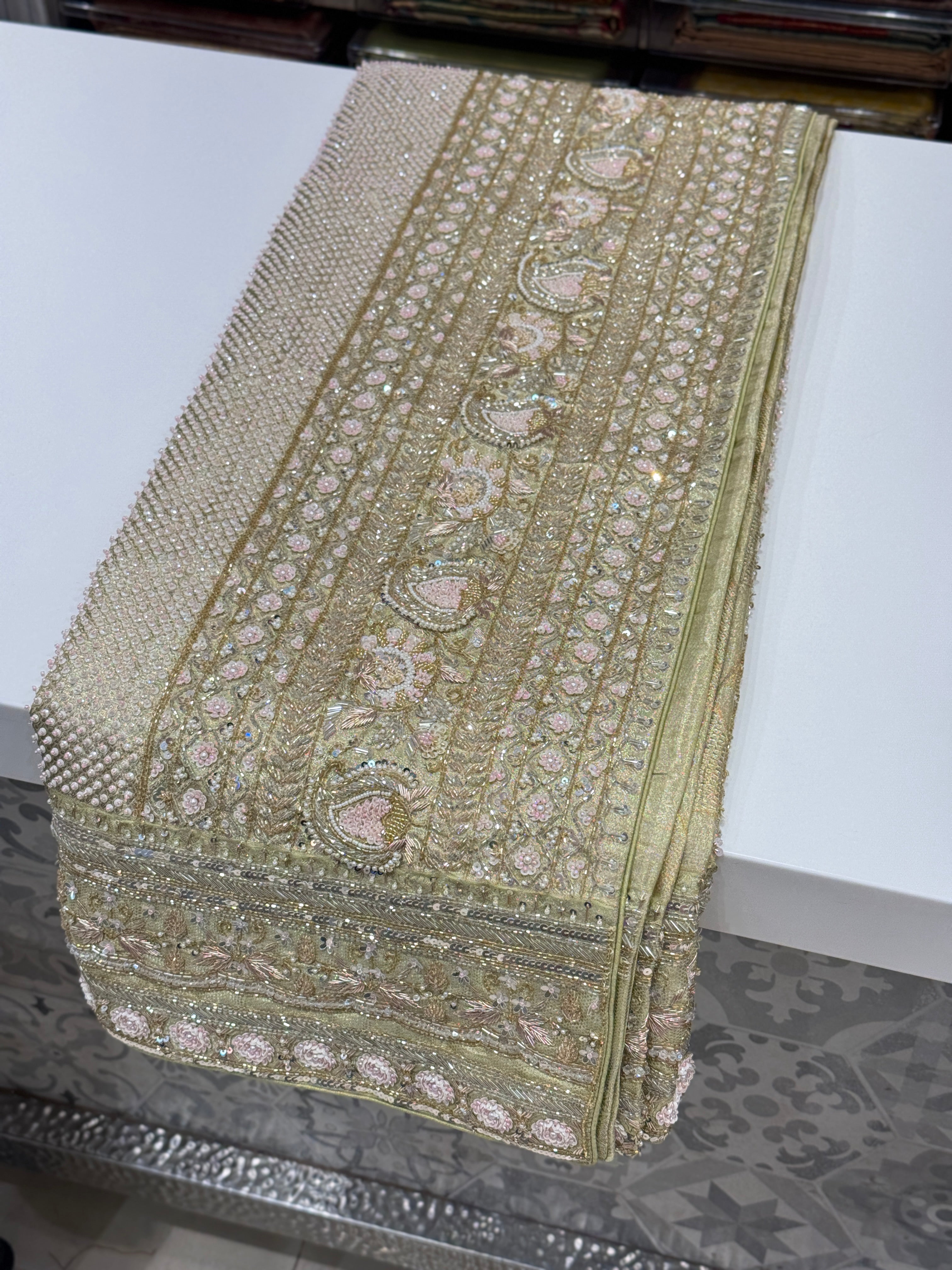Green Contemporary Tissue Jaal Kanjivaram Hand Embroidery Saree