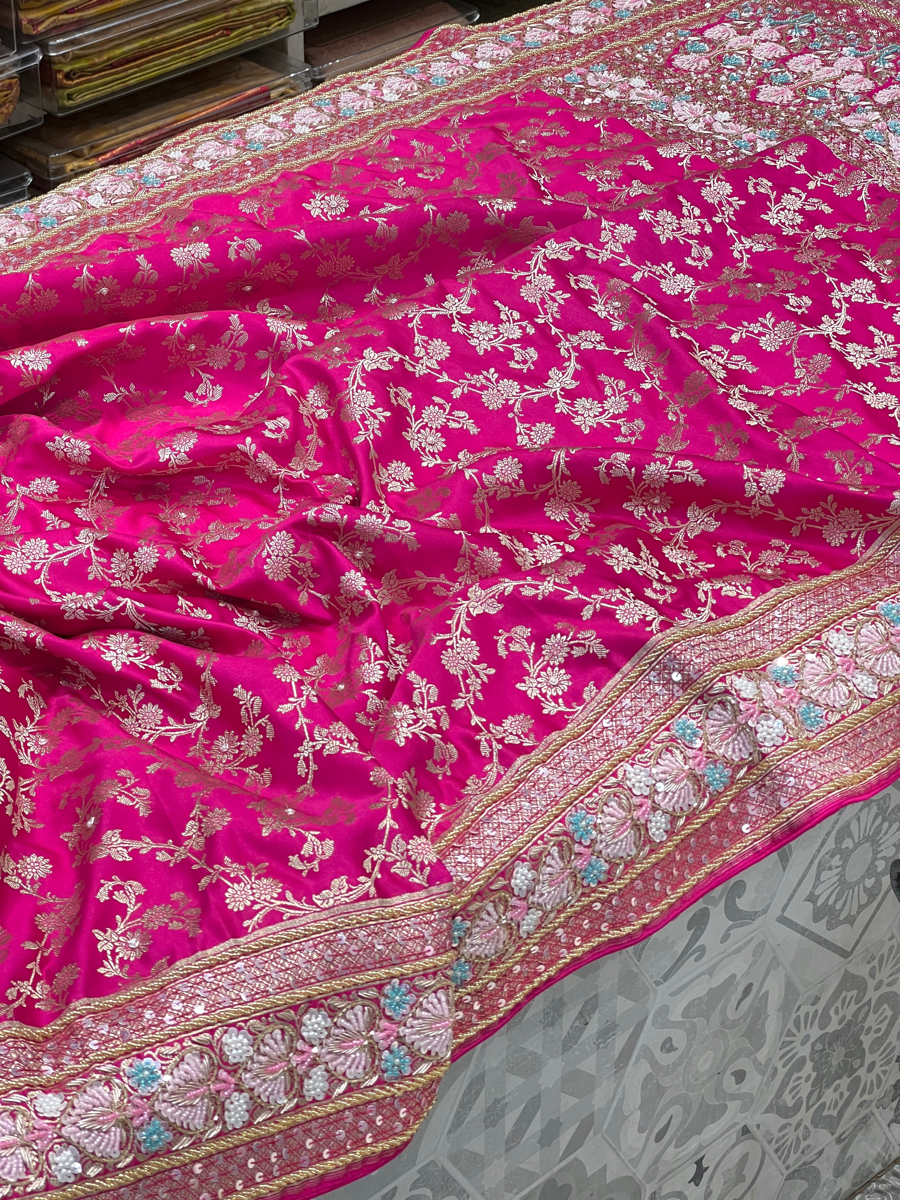 Rani Banarasi Heart Border Fancy Hand Embroidery Saree