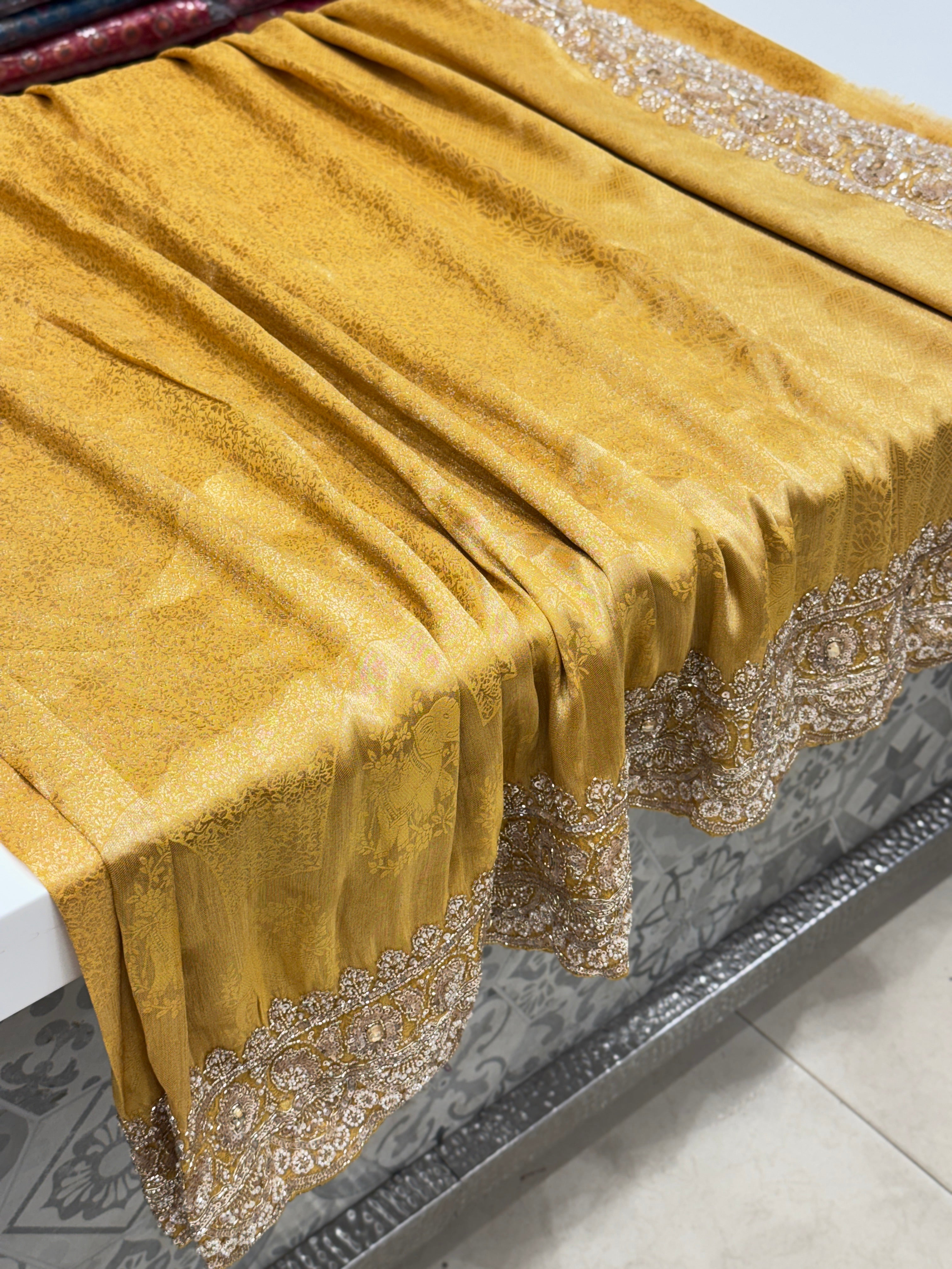 Yellow Soft Silk Moti Cutdana Embroidery Saree