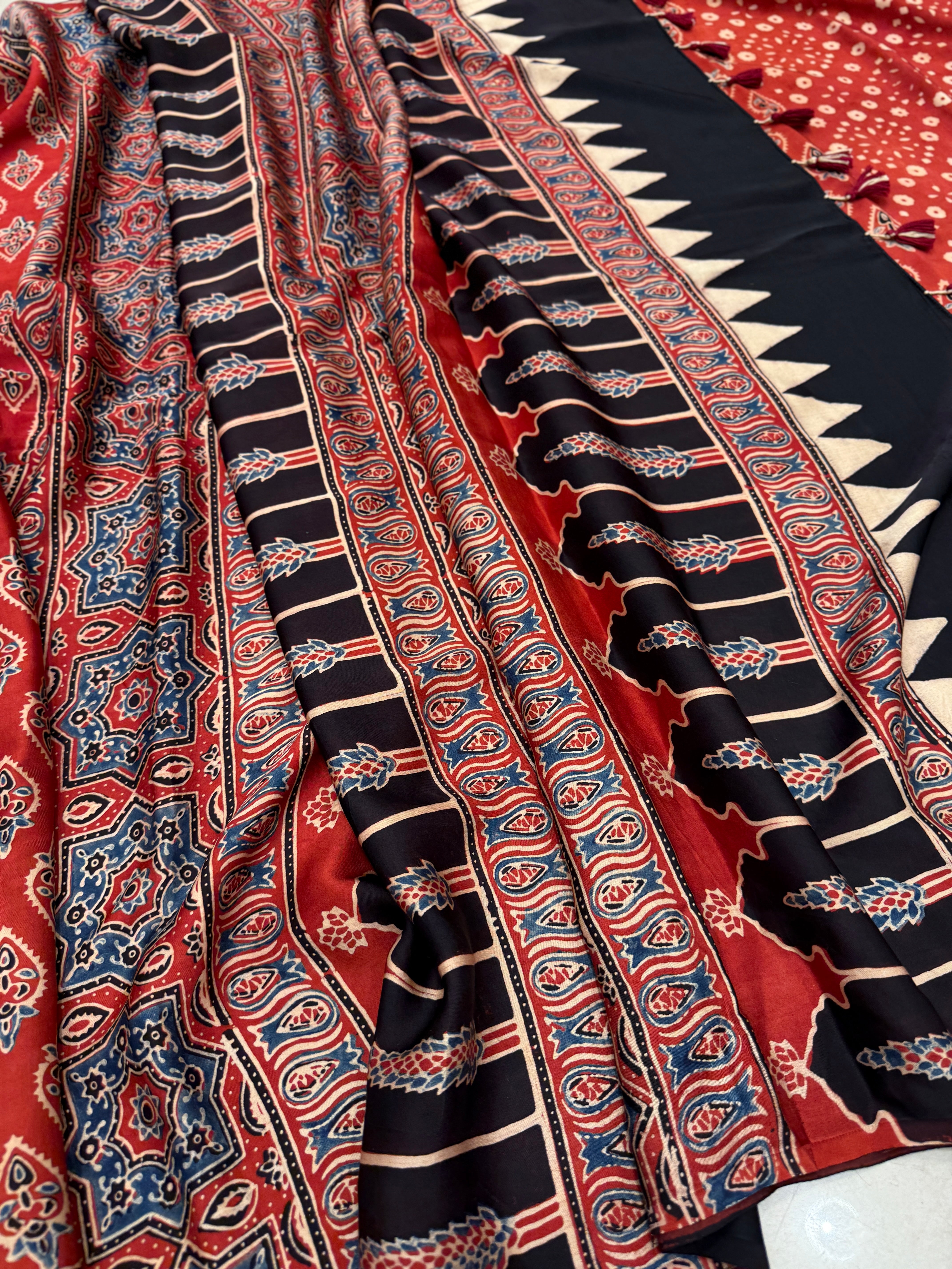 Red Torch Buttis Ajrakh Modal Gajji Silk Saree