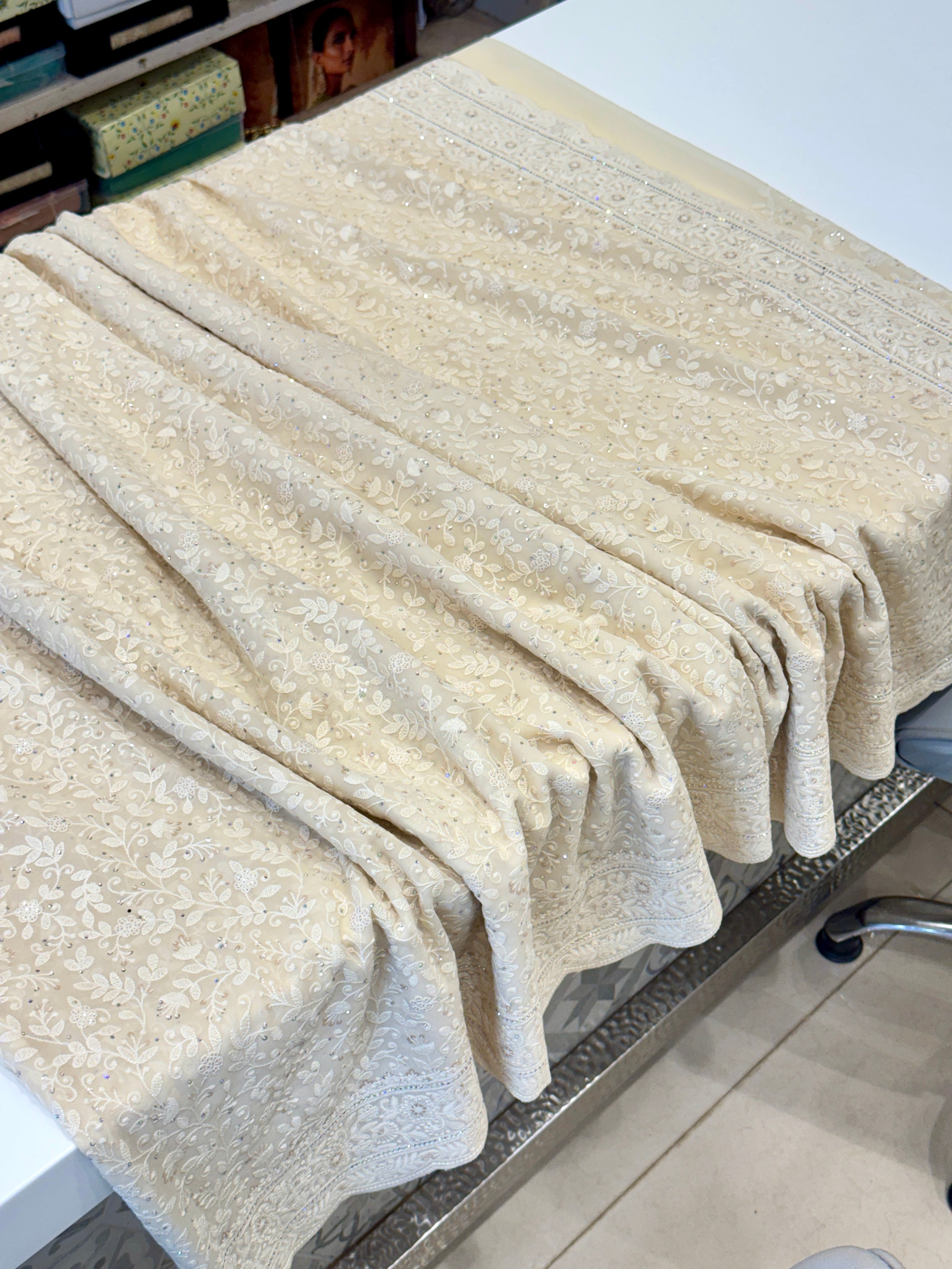 Moti White Chikankari Scallop Design Saree