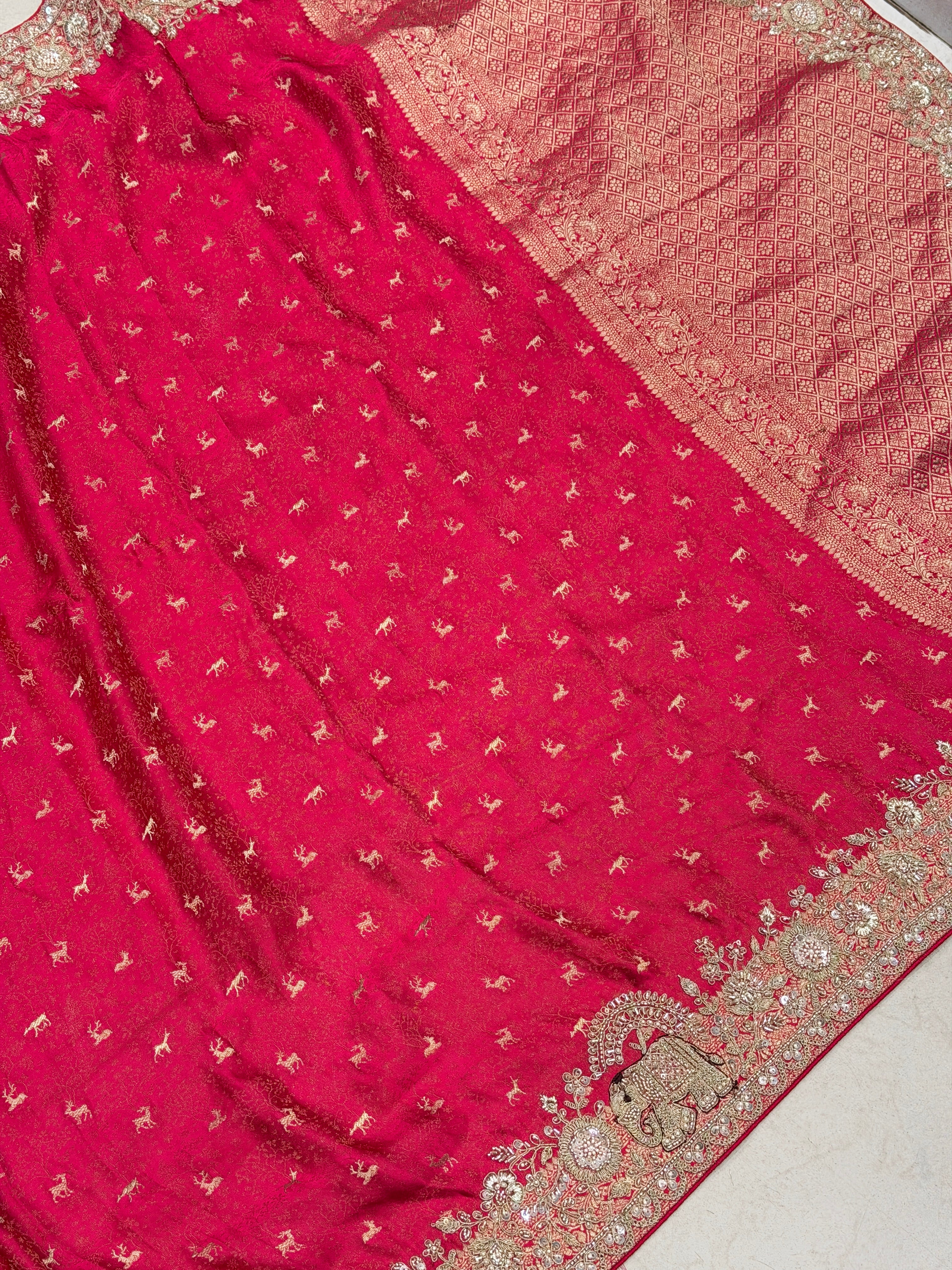 Rani Pink Soft Silk Hiraniya Tissue Embroidery Saree