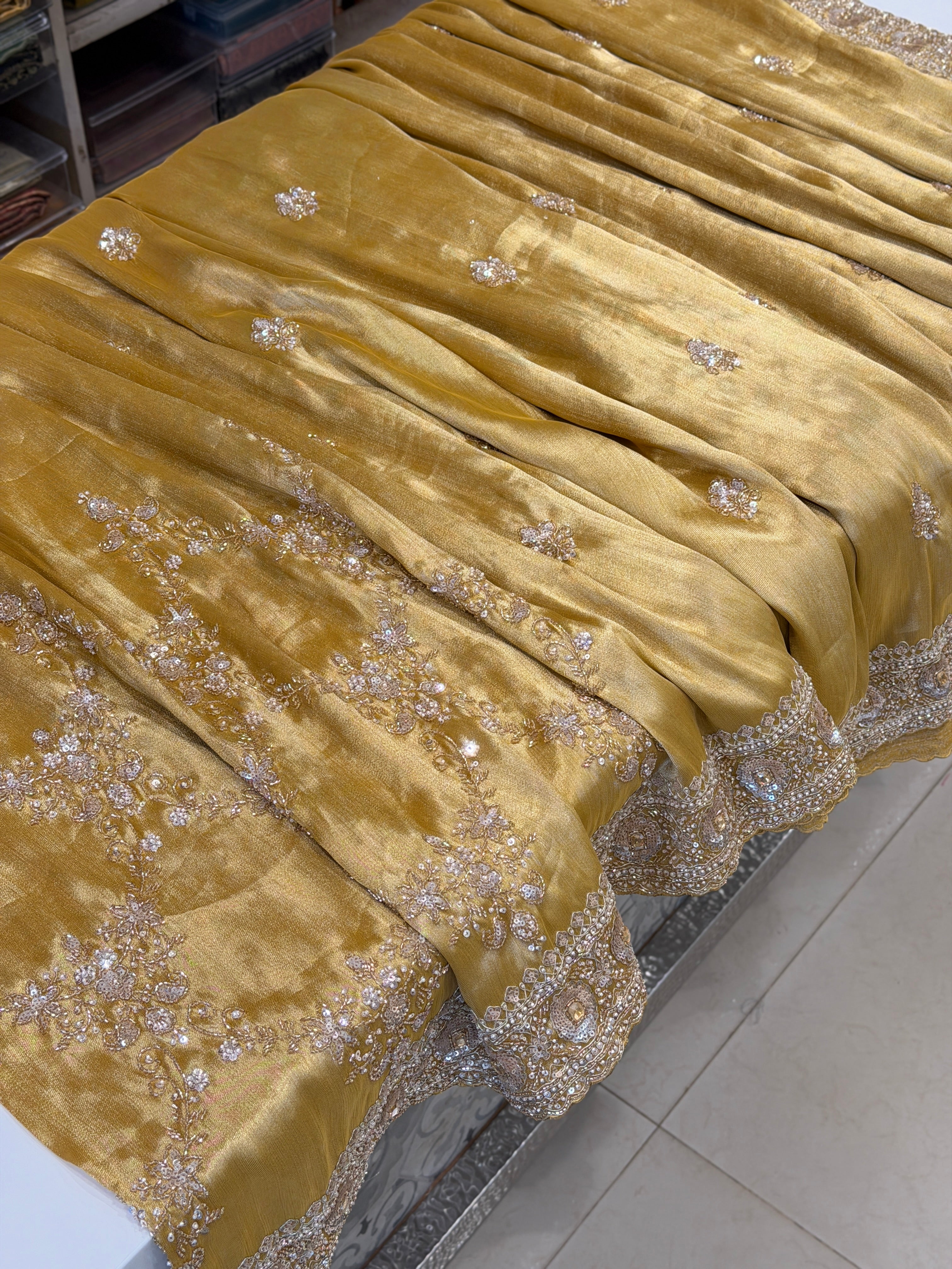 Yellow Tissue Half and Half Embroidery Cutdana Moti Jaal Saree