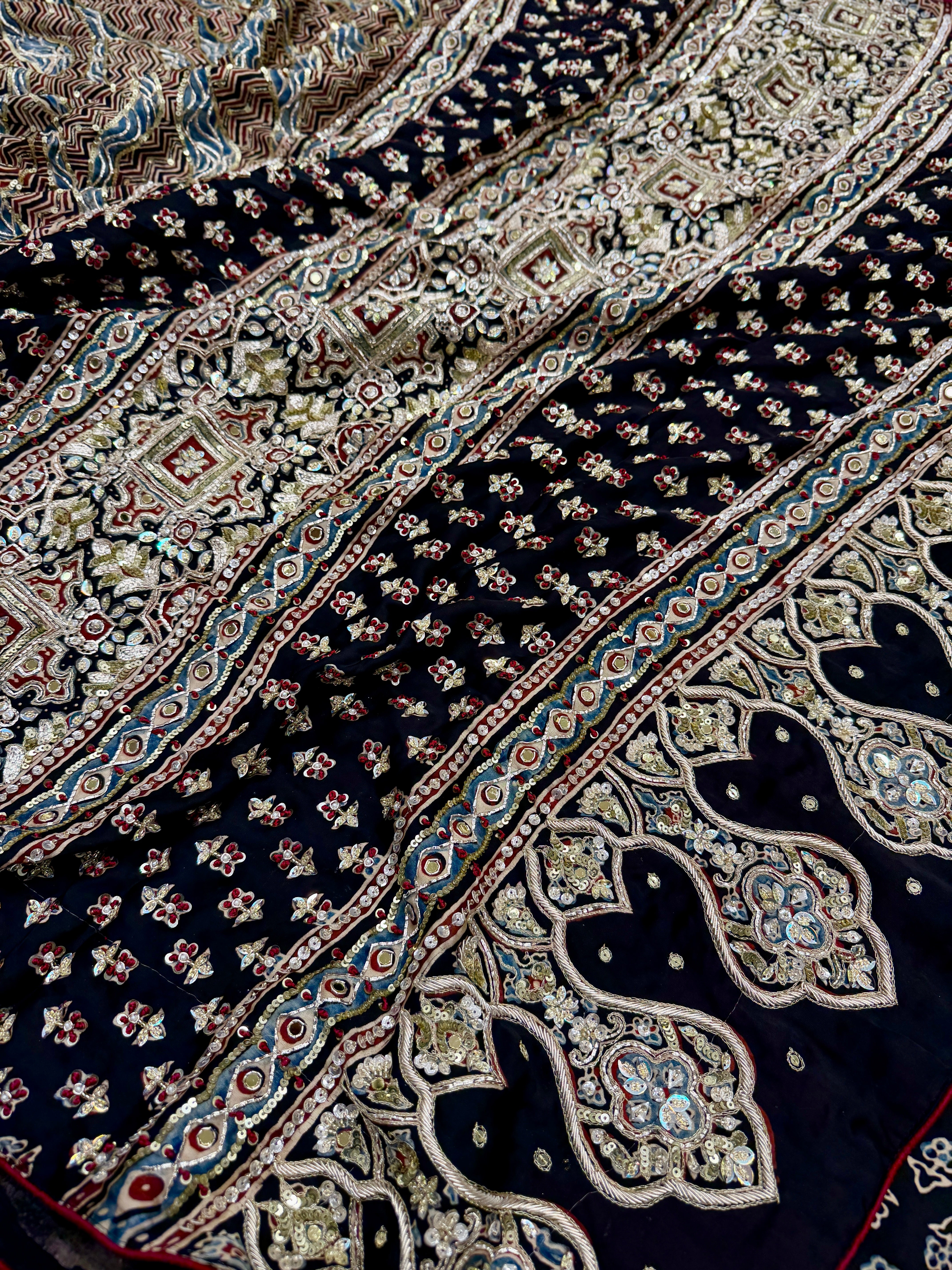 Black Abstract Jaal Pita Zardosi Sequin Ajrakh Hand Embroidery Saree