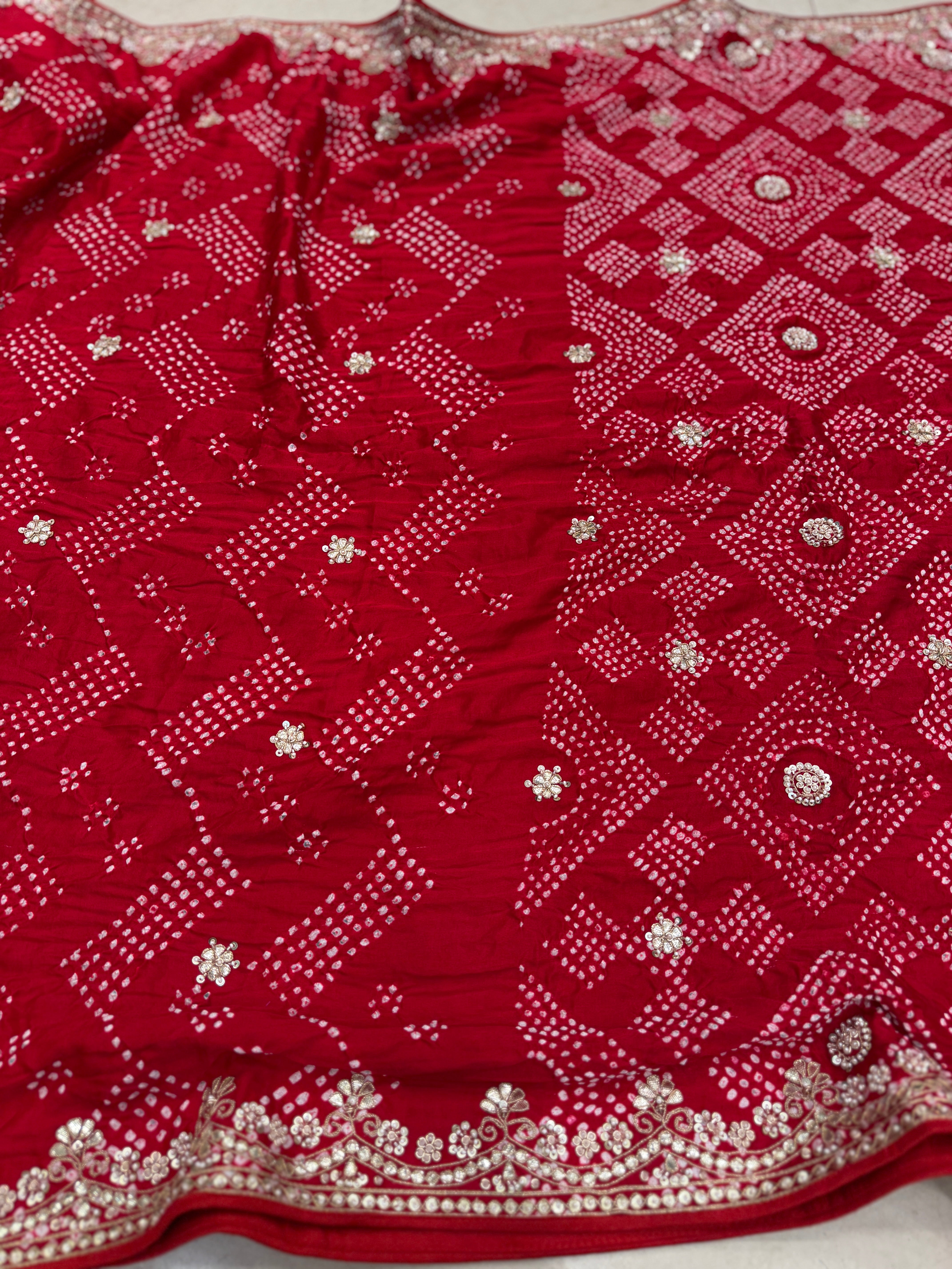Red Gajji Silk Bandhej Hand Done Gotapatti Saree