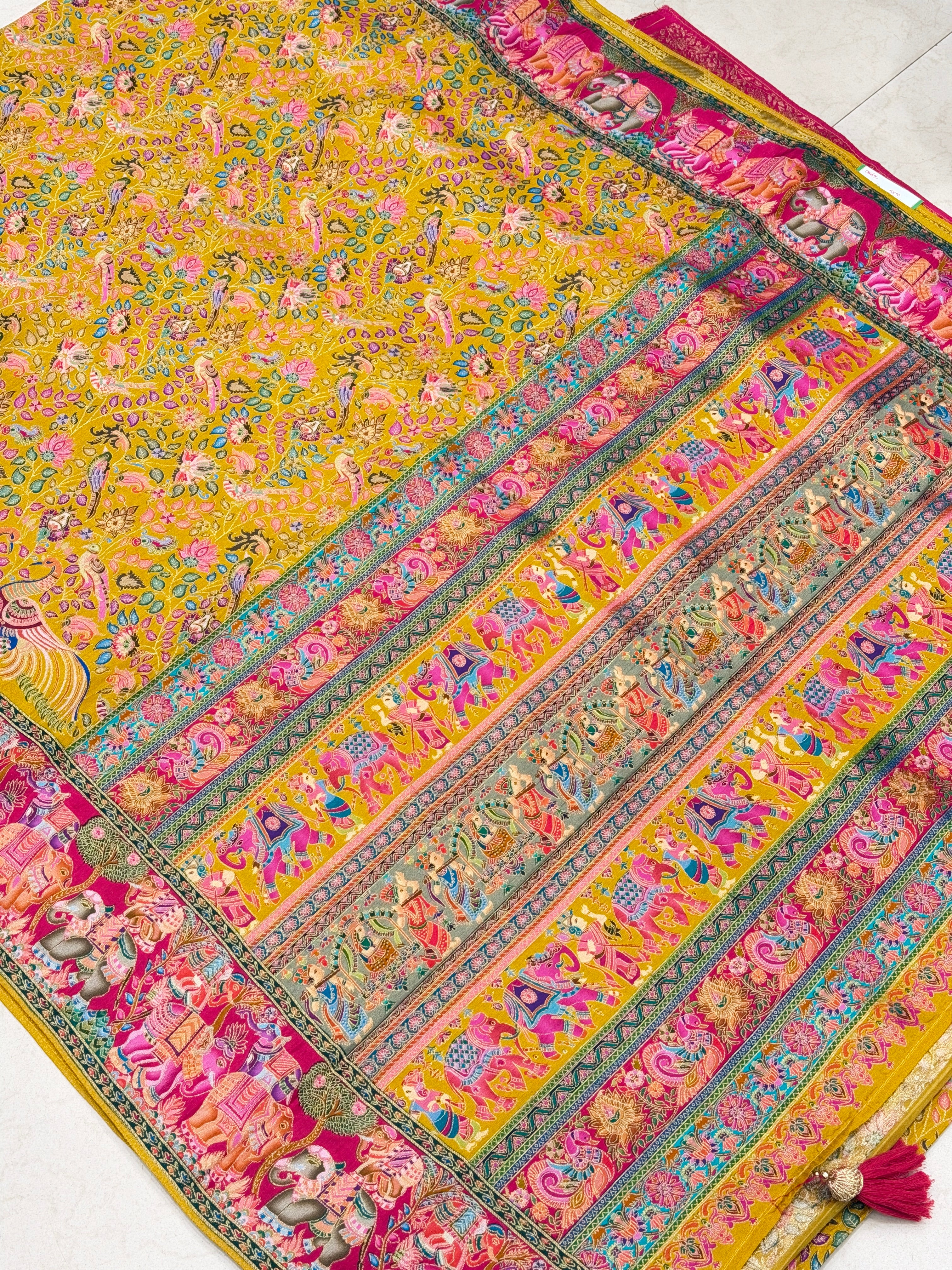 Yellow Rani Weaved Pashmina Style Multi Colour Saree