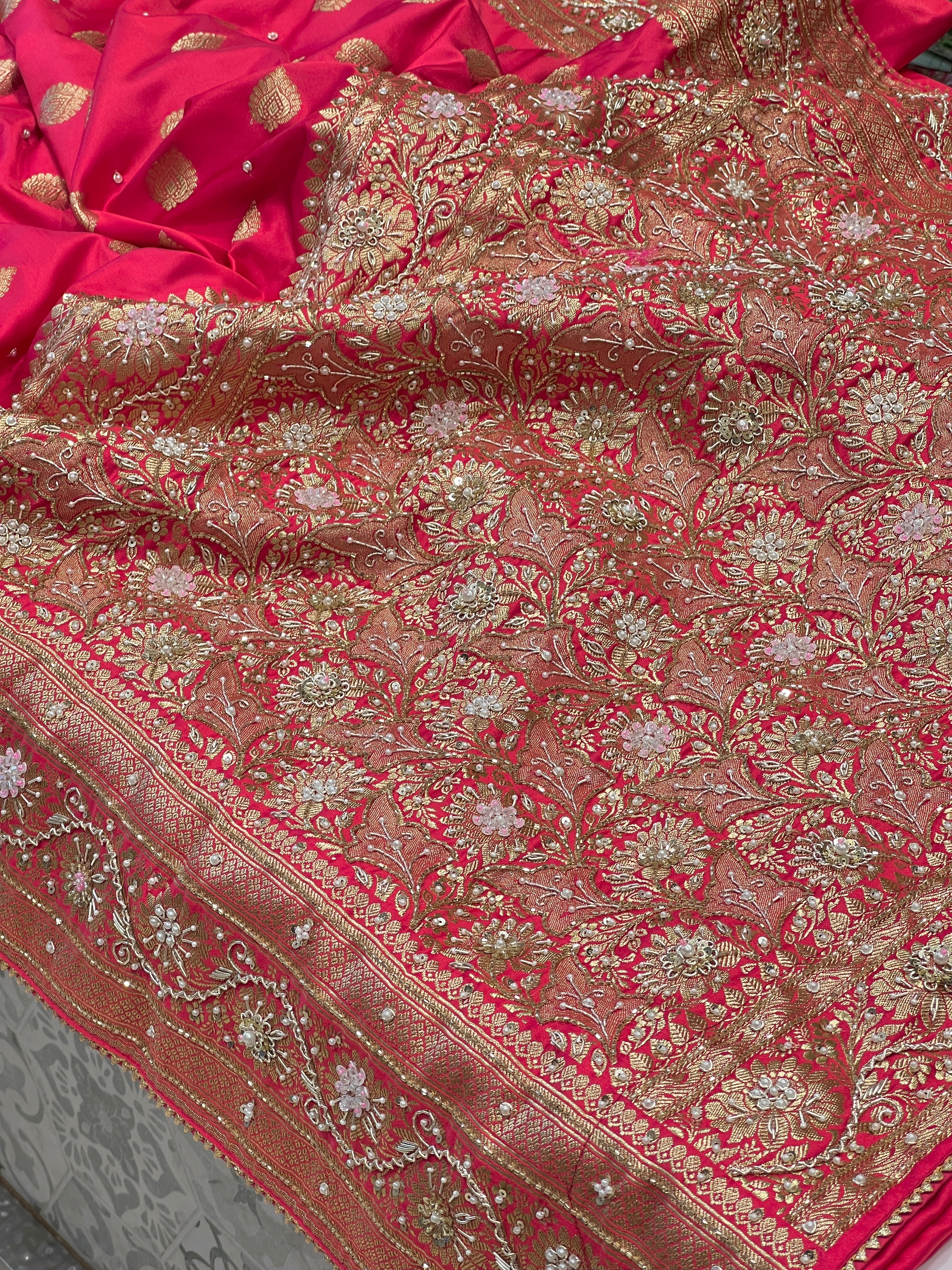 Strawberry Banarasi Silk Butti Hand Embroidery Saree