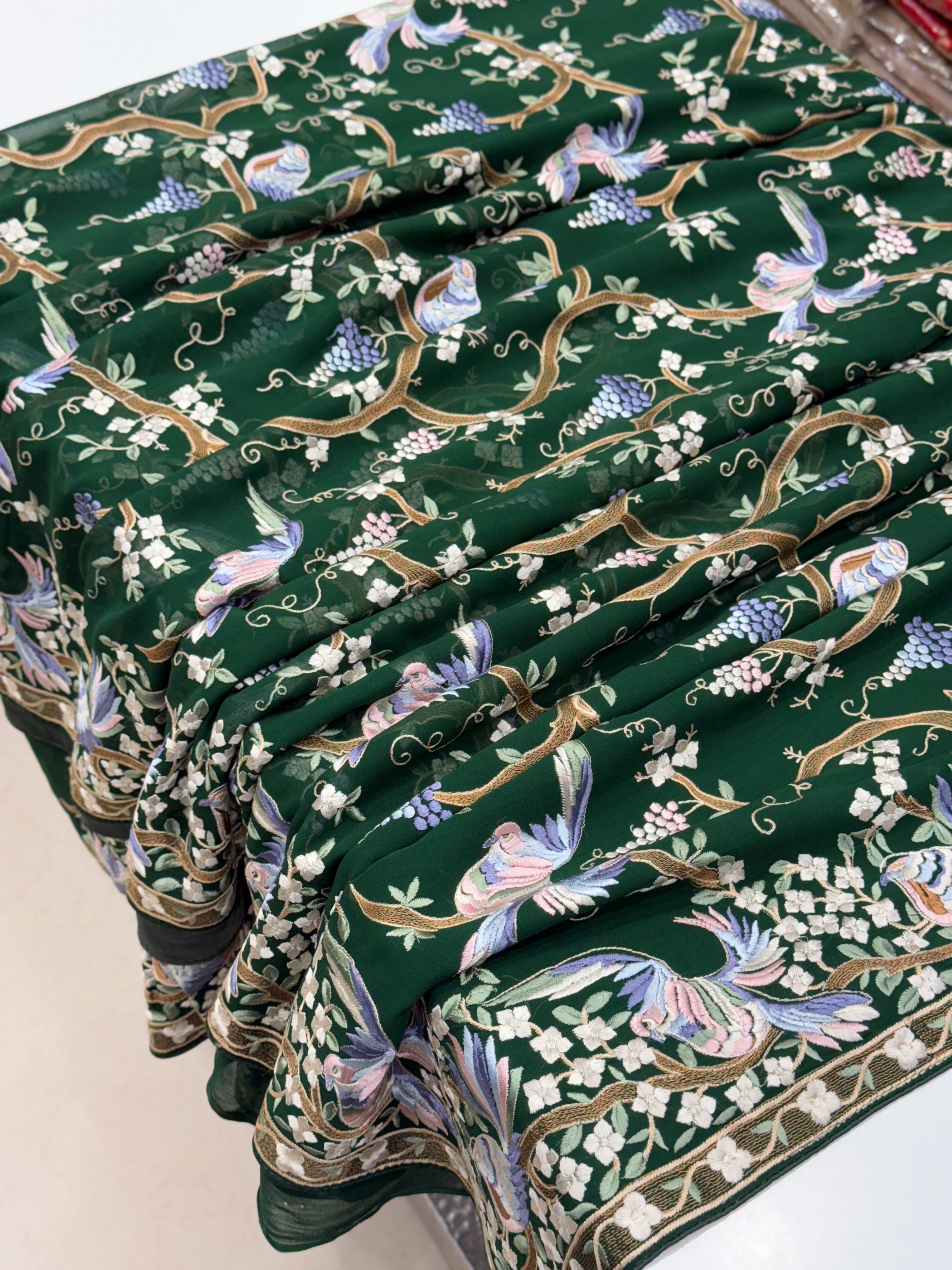 Bottle Green Chakla Chakli Embroidery Parsi Gara Saree