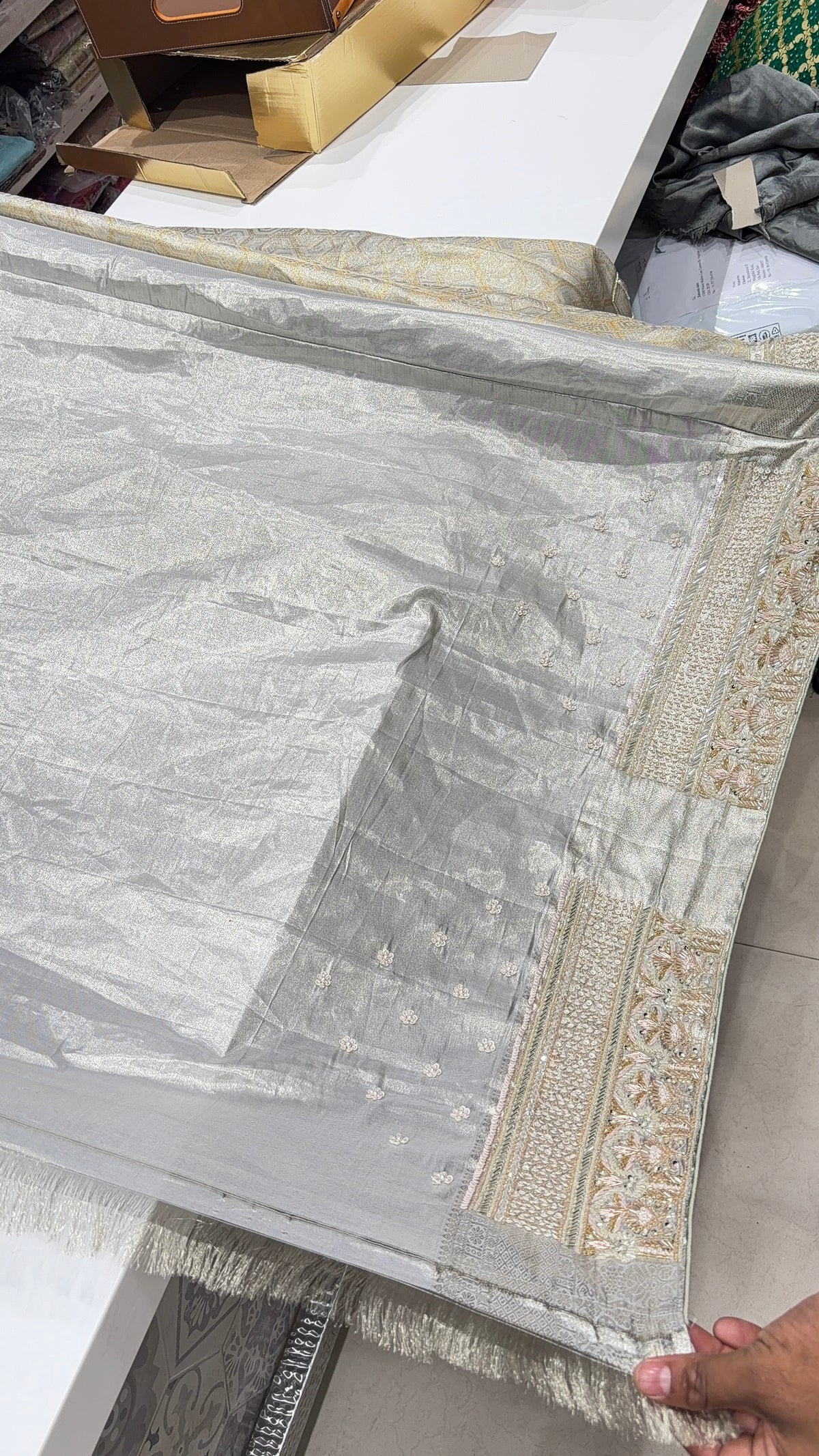 Silver Kanjivaram Three Zari Hand Embroidery Zardosi Moti Sequin Saree