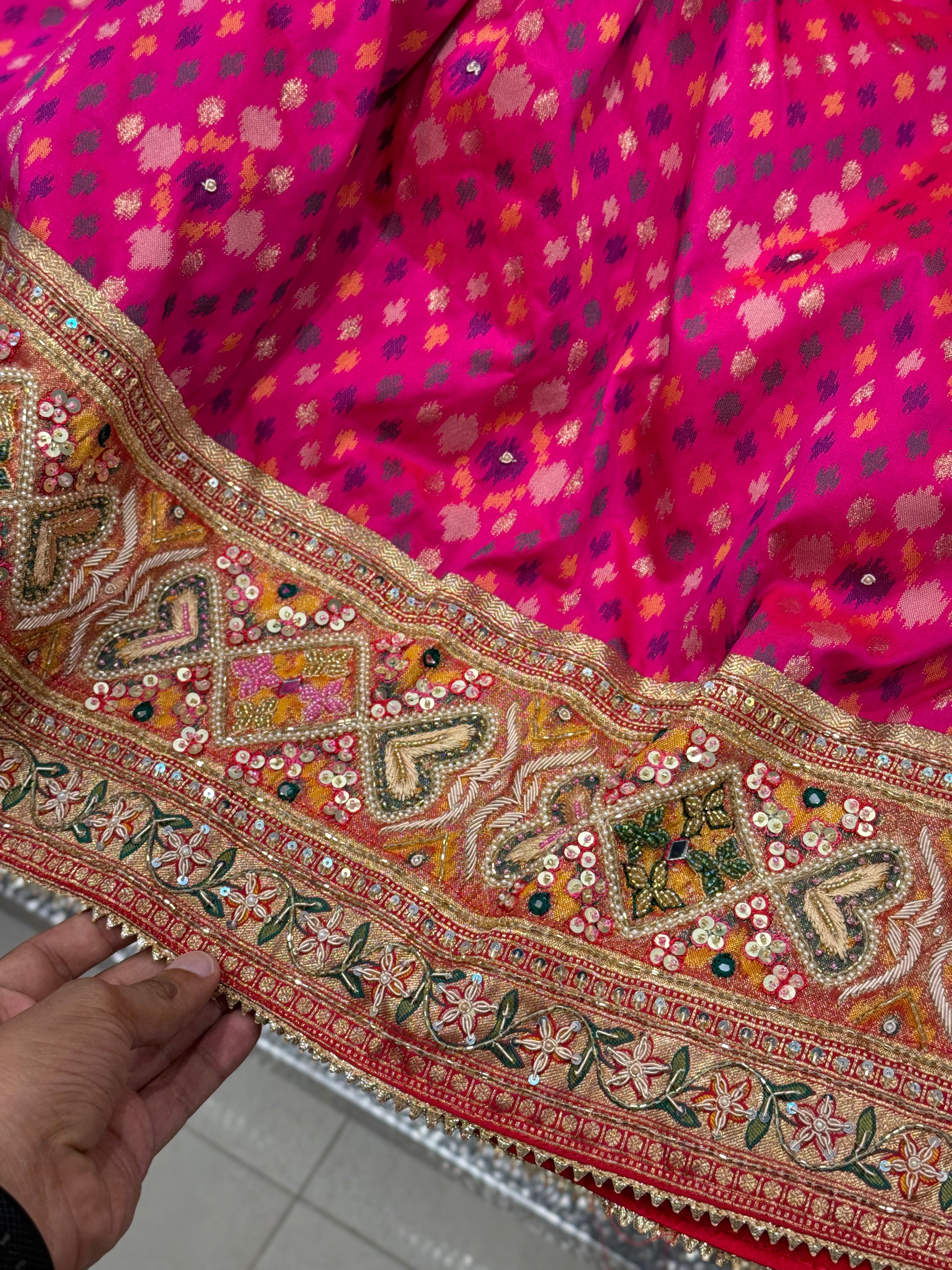 Rani Banarasi Patola Moti Zardosi Hand Embroidery Saree