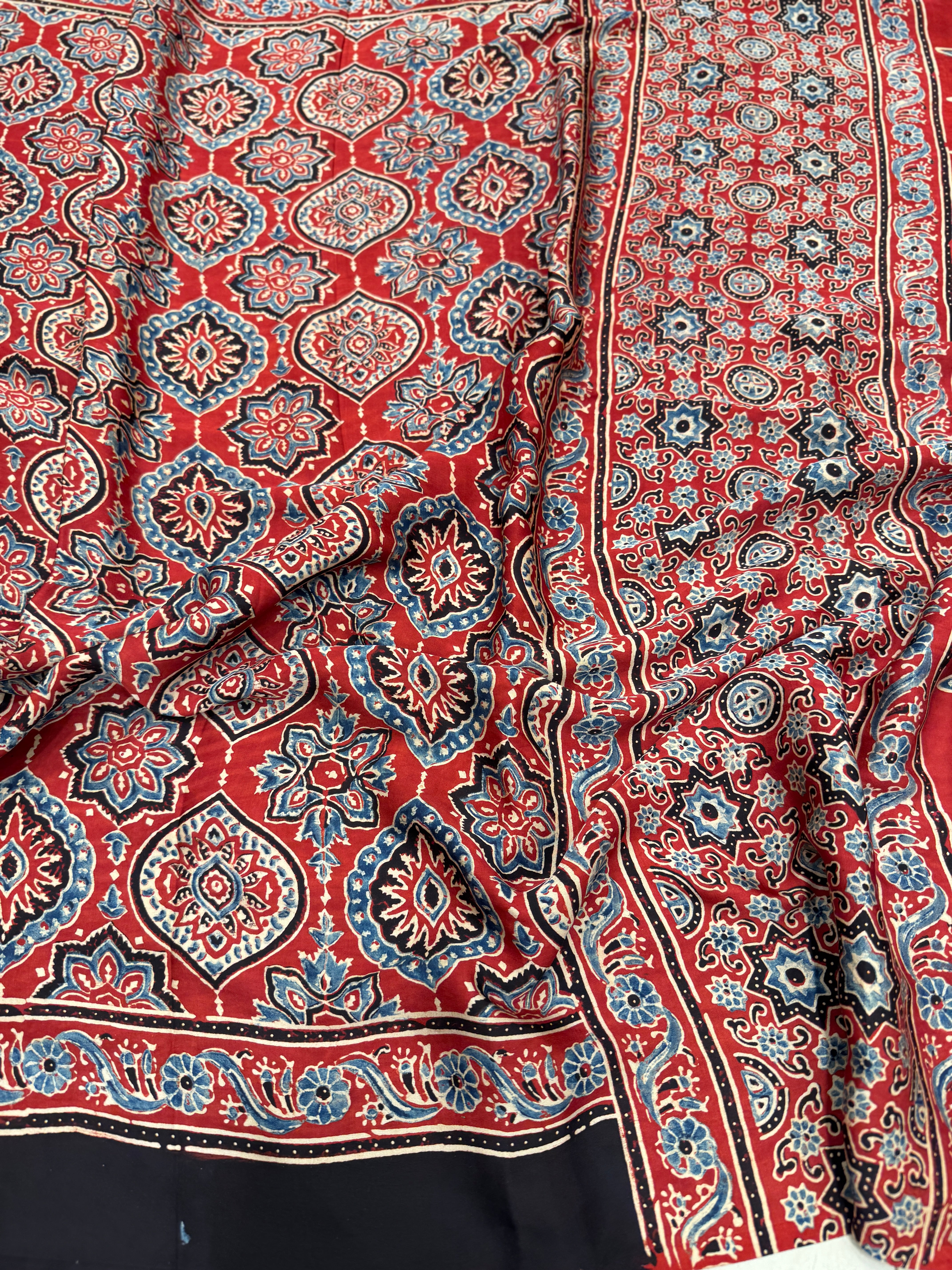 Red Jewelled Badam Butti Ajrakh Gajji Hand Block Print Saree