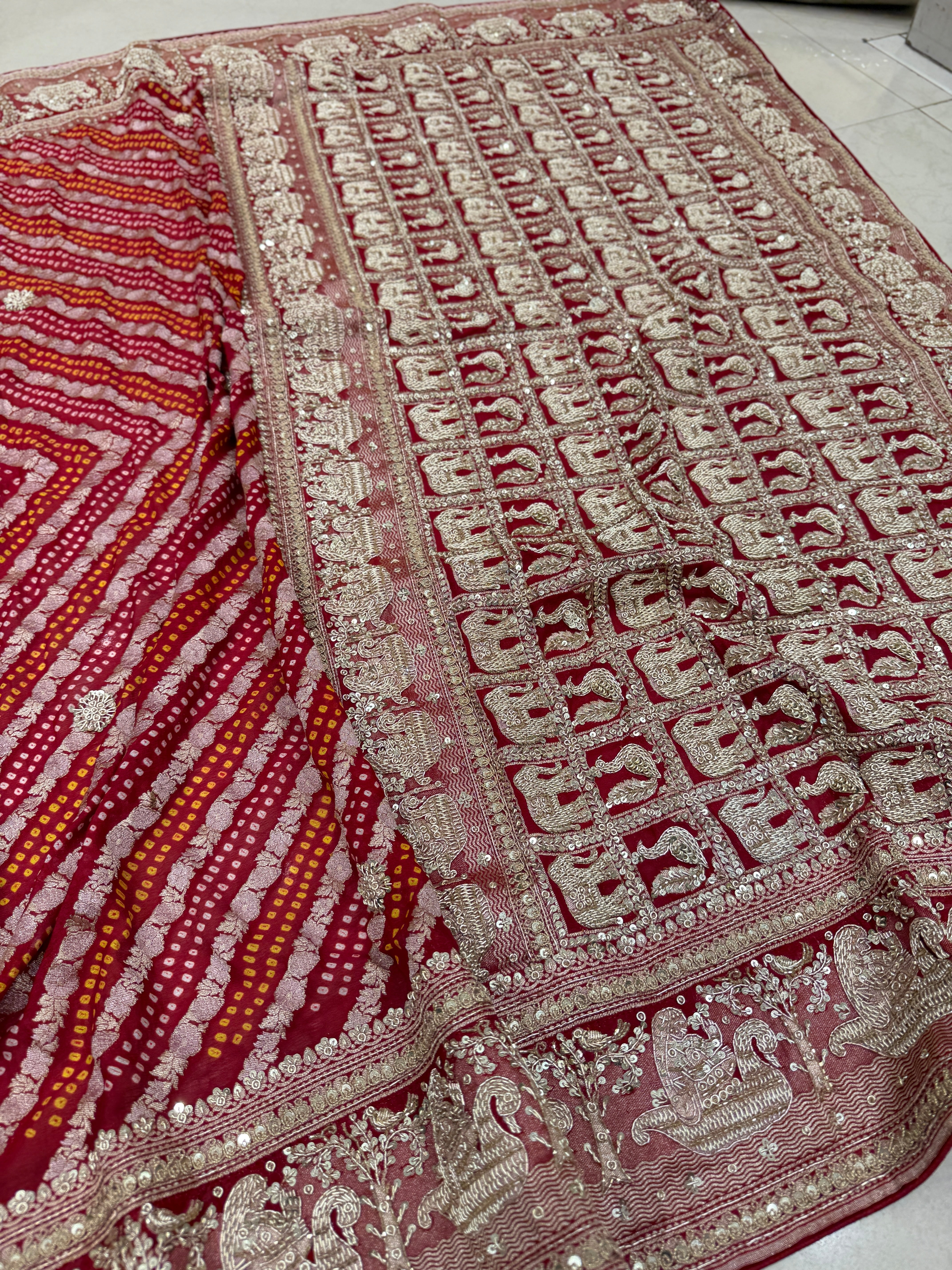 Red Sona Roopa Rai Bandhej Georgette Zardosi Hand Embroidery Saree