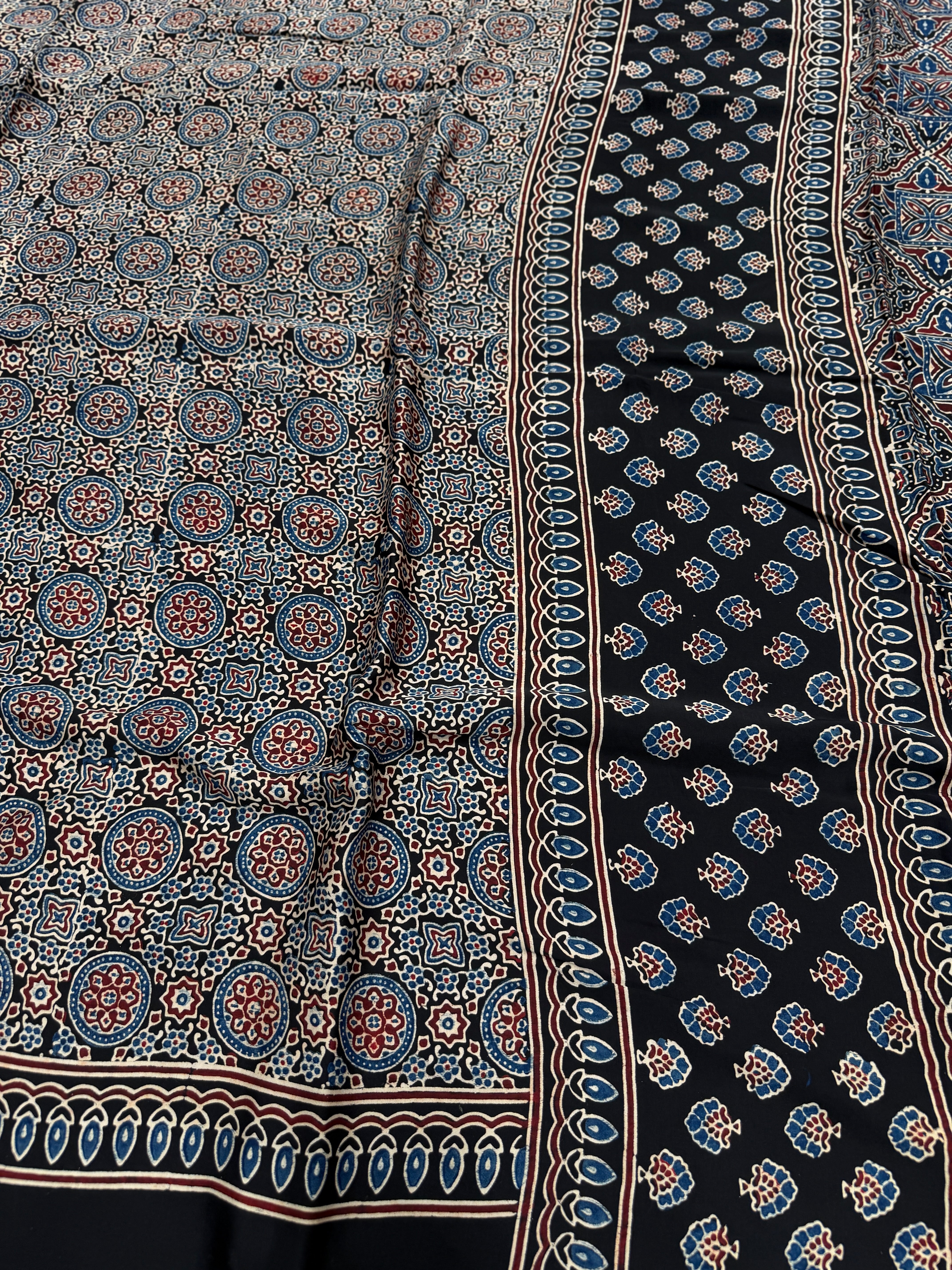 Black Star Chakri Ajrakh Hand Block Print Pure Modal Silk Saree