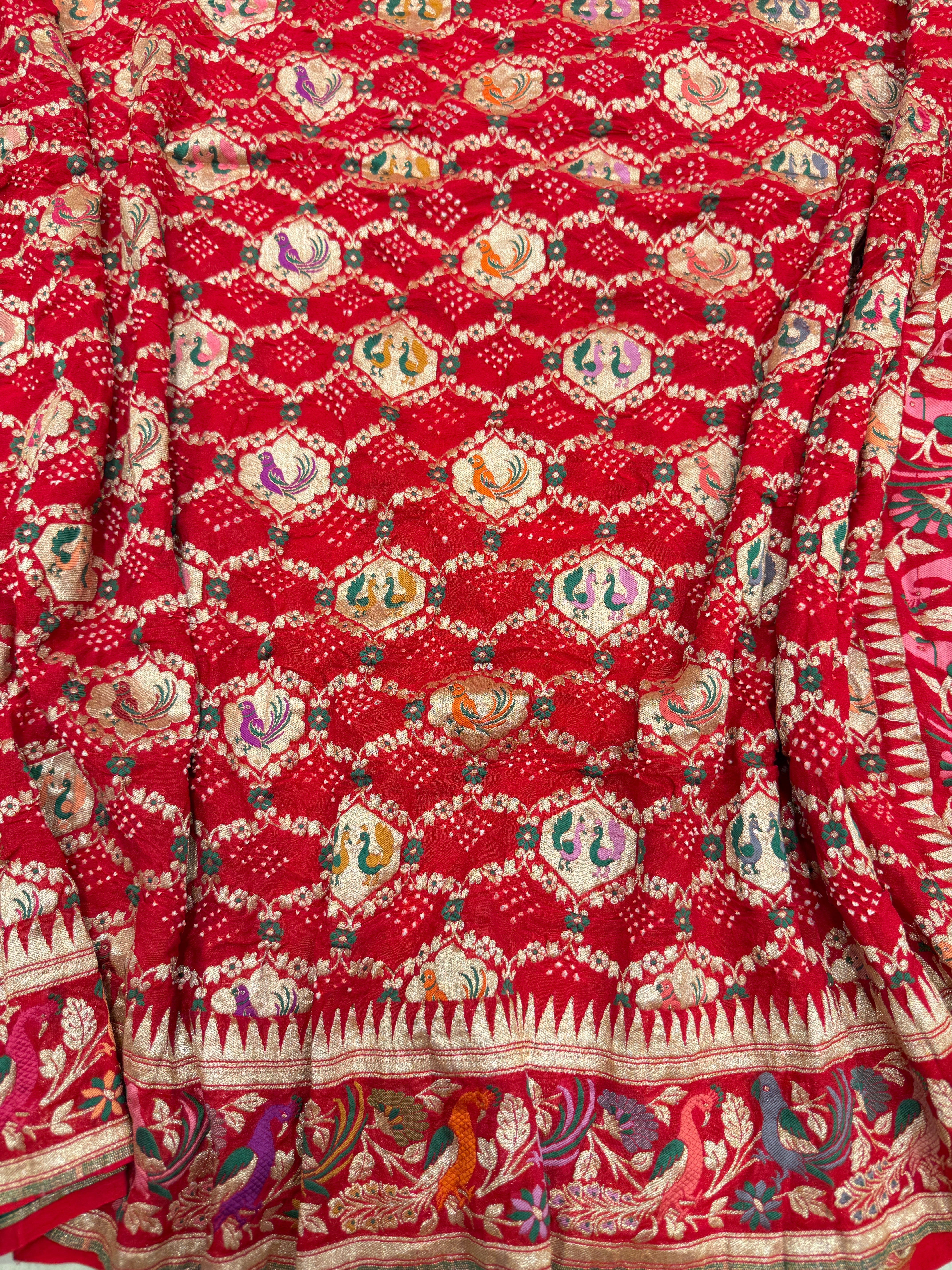 Red Paithani Style Meenakari Rai Bandhej Georgette Bandhini Saree