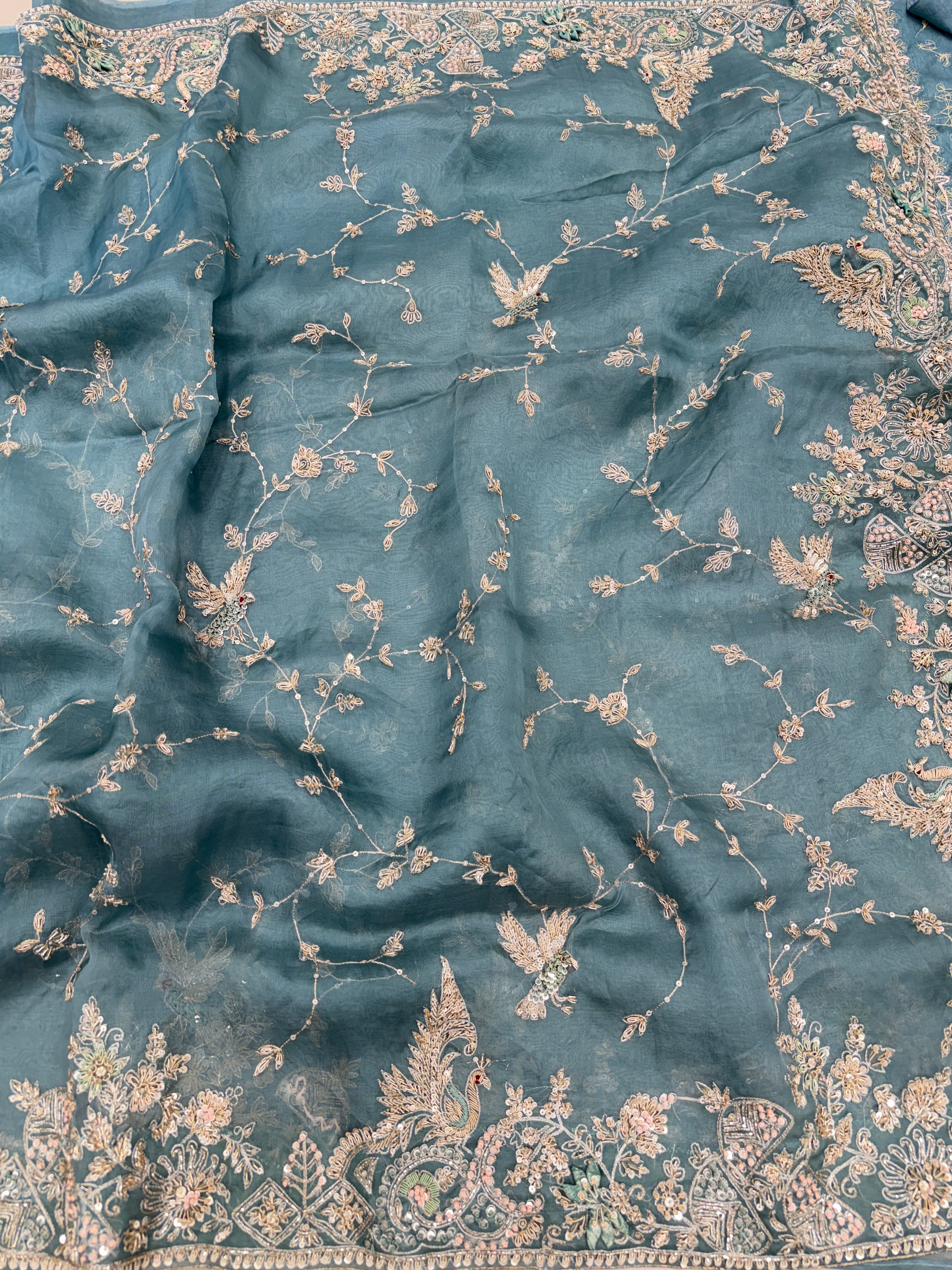 Sea Green Organza Zardosi Peacock Flying Bird Jaal Hand Embroidery Saree