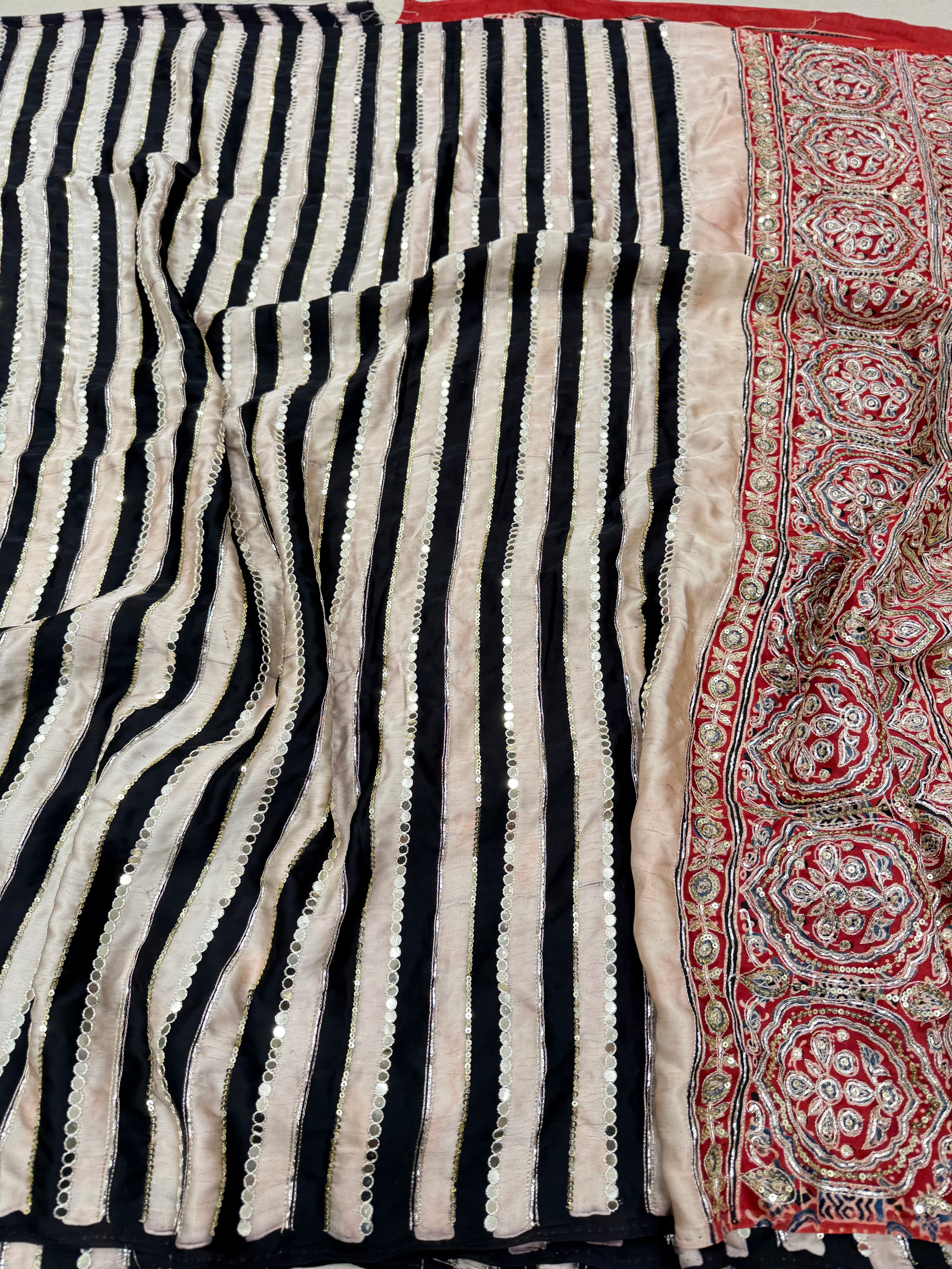 Black White Contemporary Mirror Ajrakh Hand Embroidery Saree