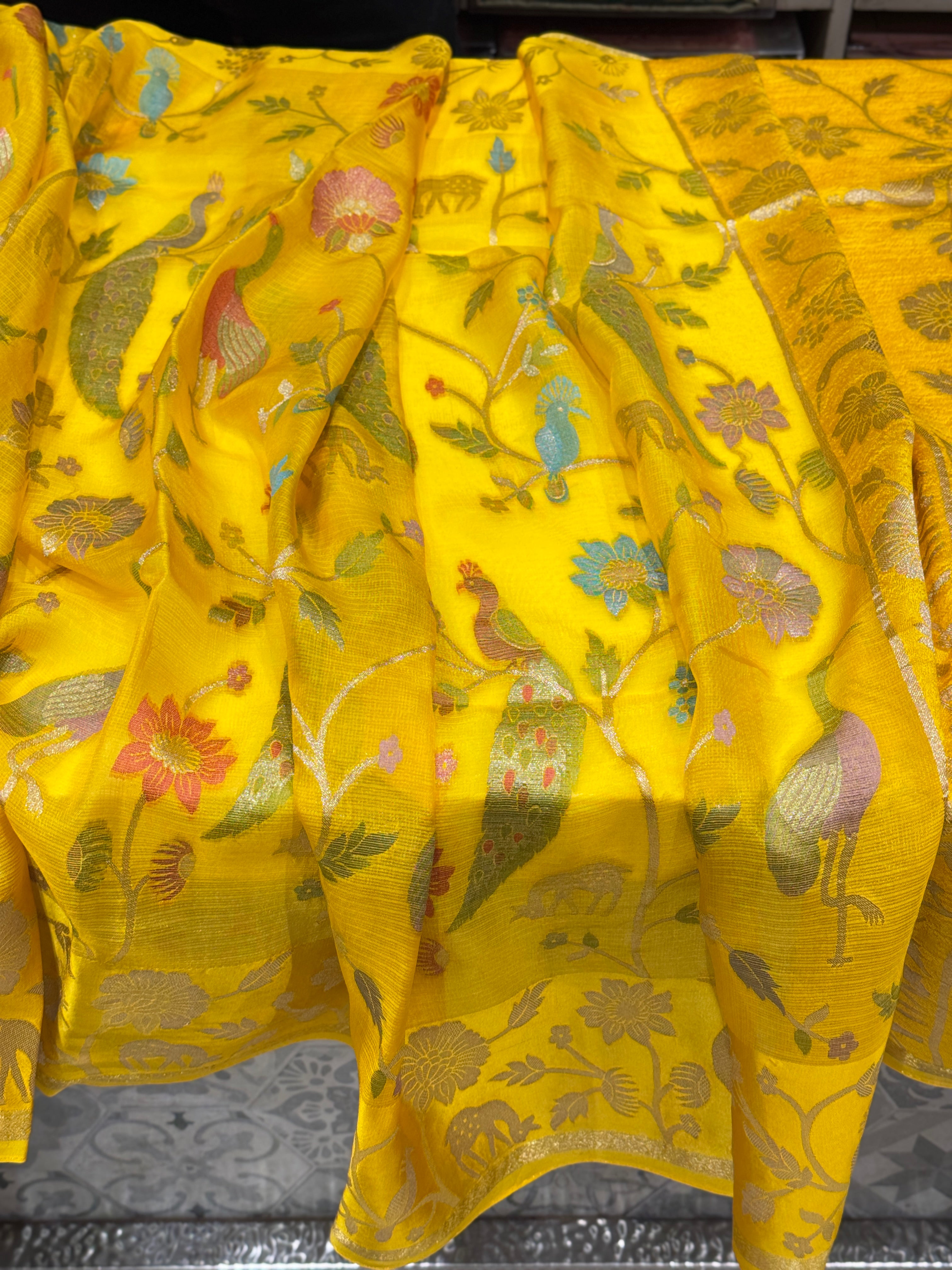 Yellow Meenakari Manipuri Kora Silk Saree