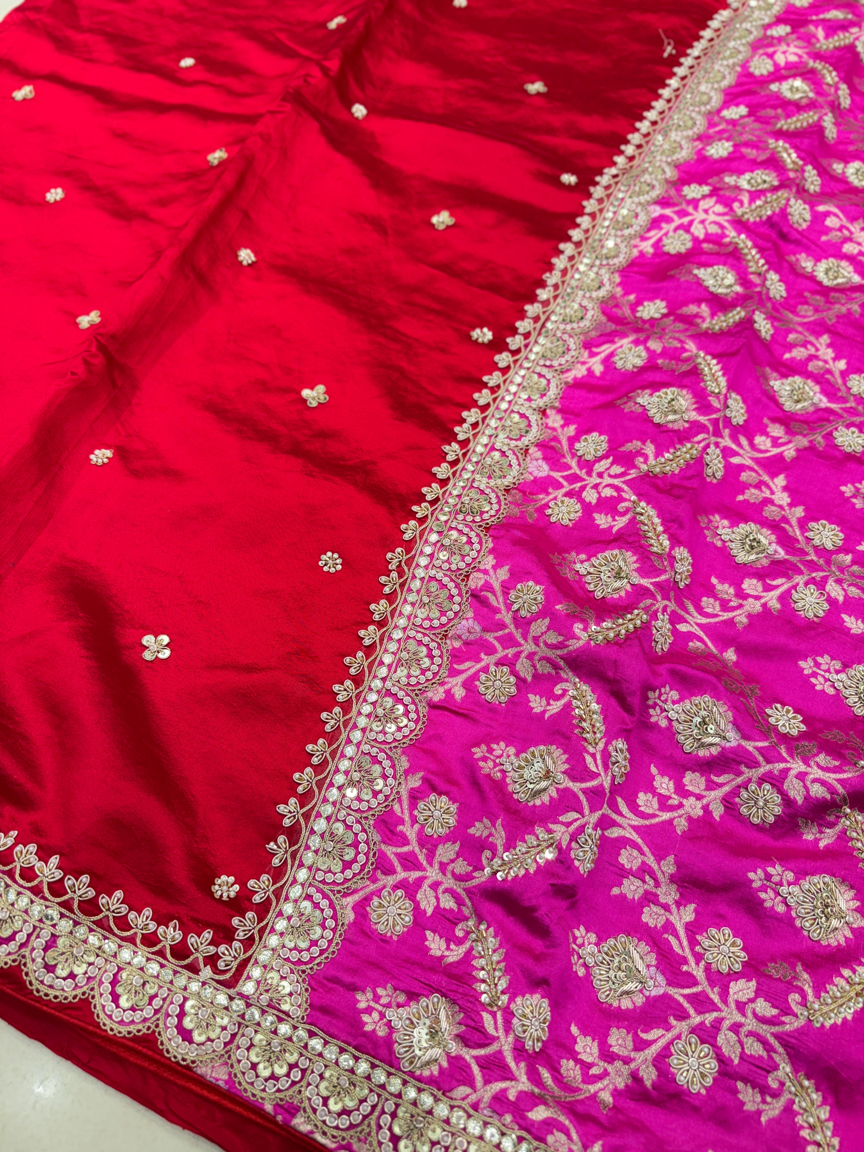 Red Rani Pink Pure Silk Katan Marodi Hand Embroidery Fusion Saree