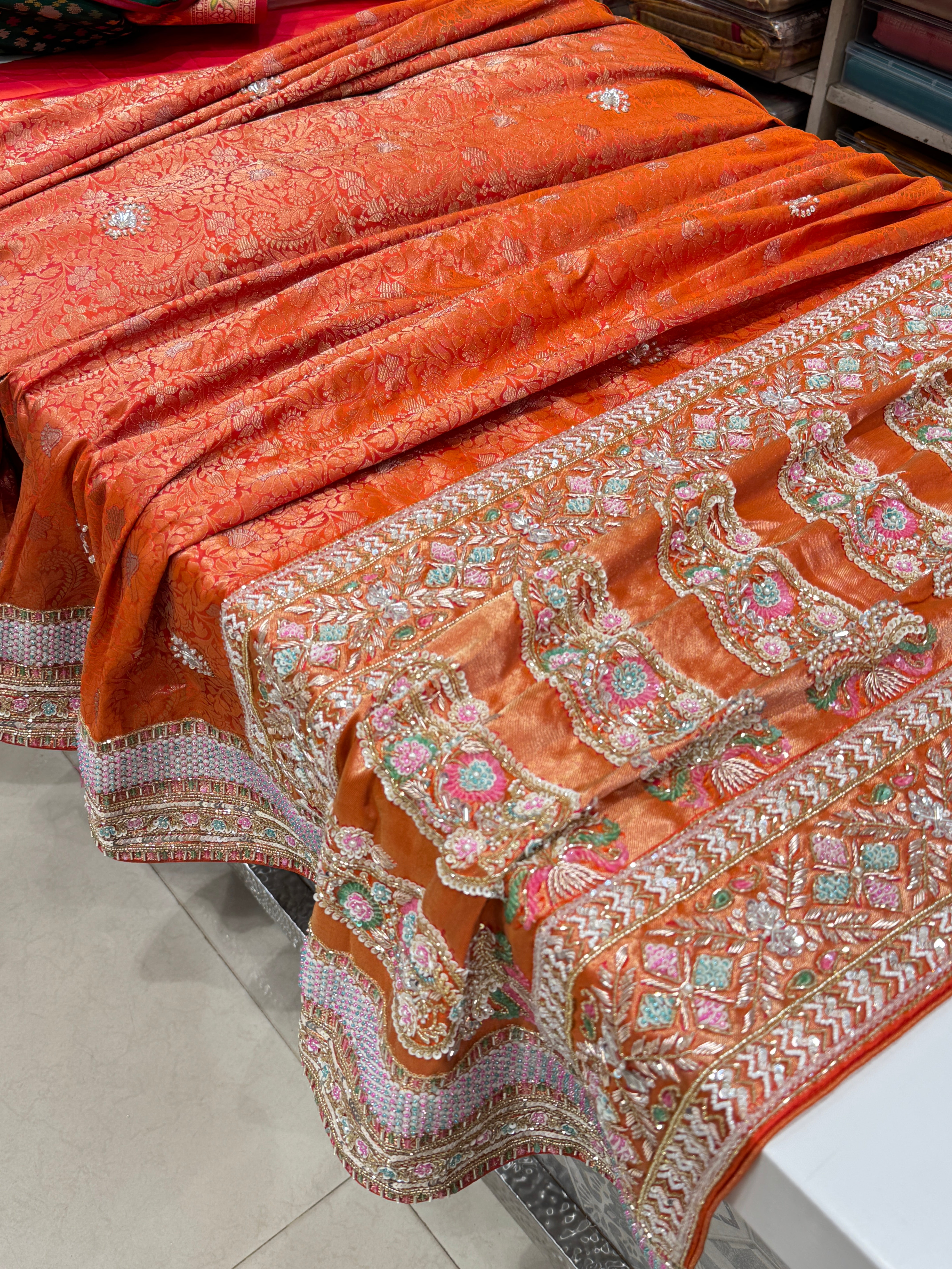 Rust Orange Kanjivaram Silk Hand Embroidery Saree