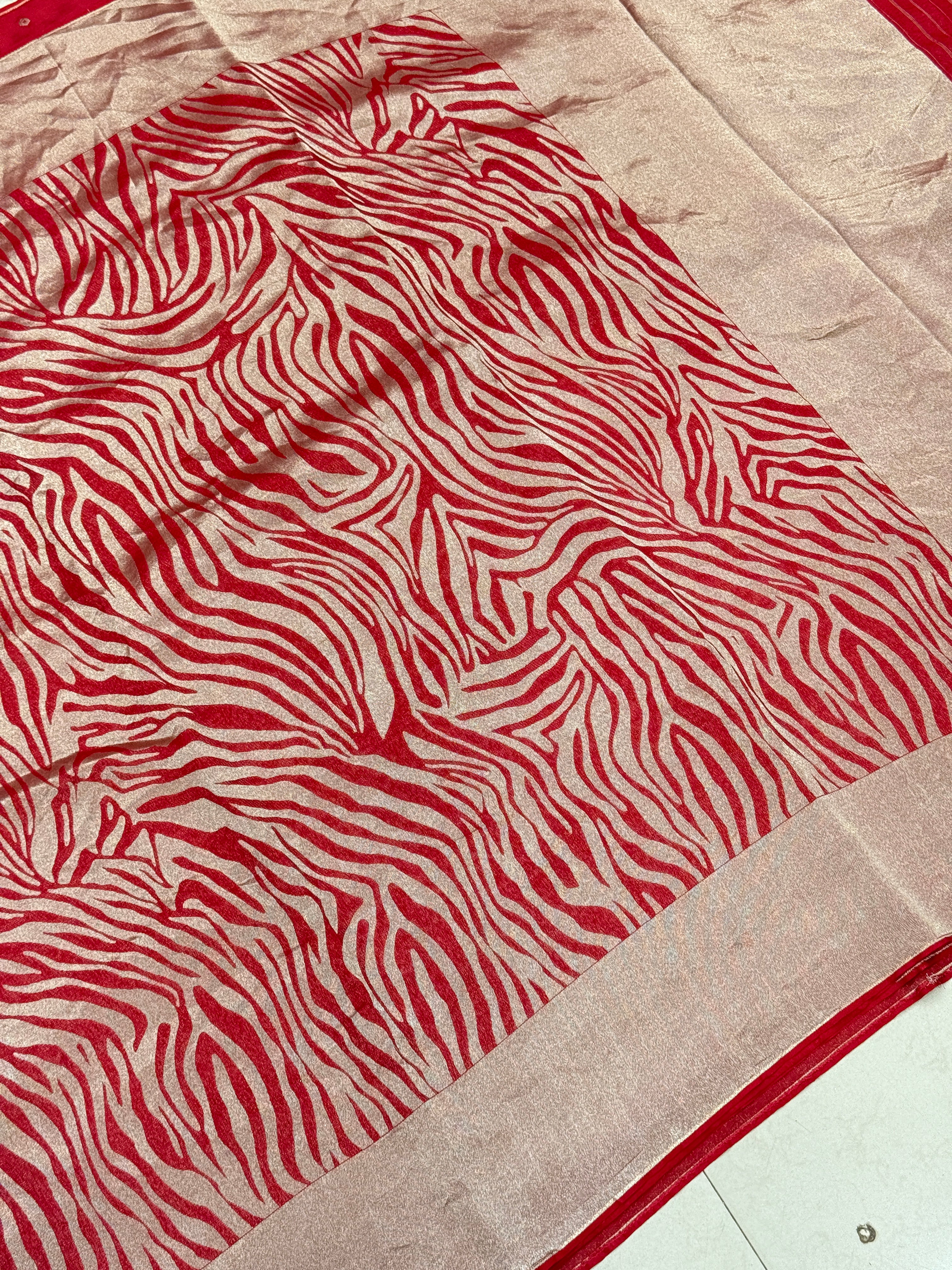 Red Munga Tissue Silk Contemporary Tiger Weave Banarasi Saree