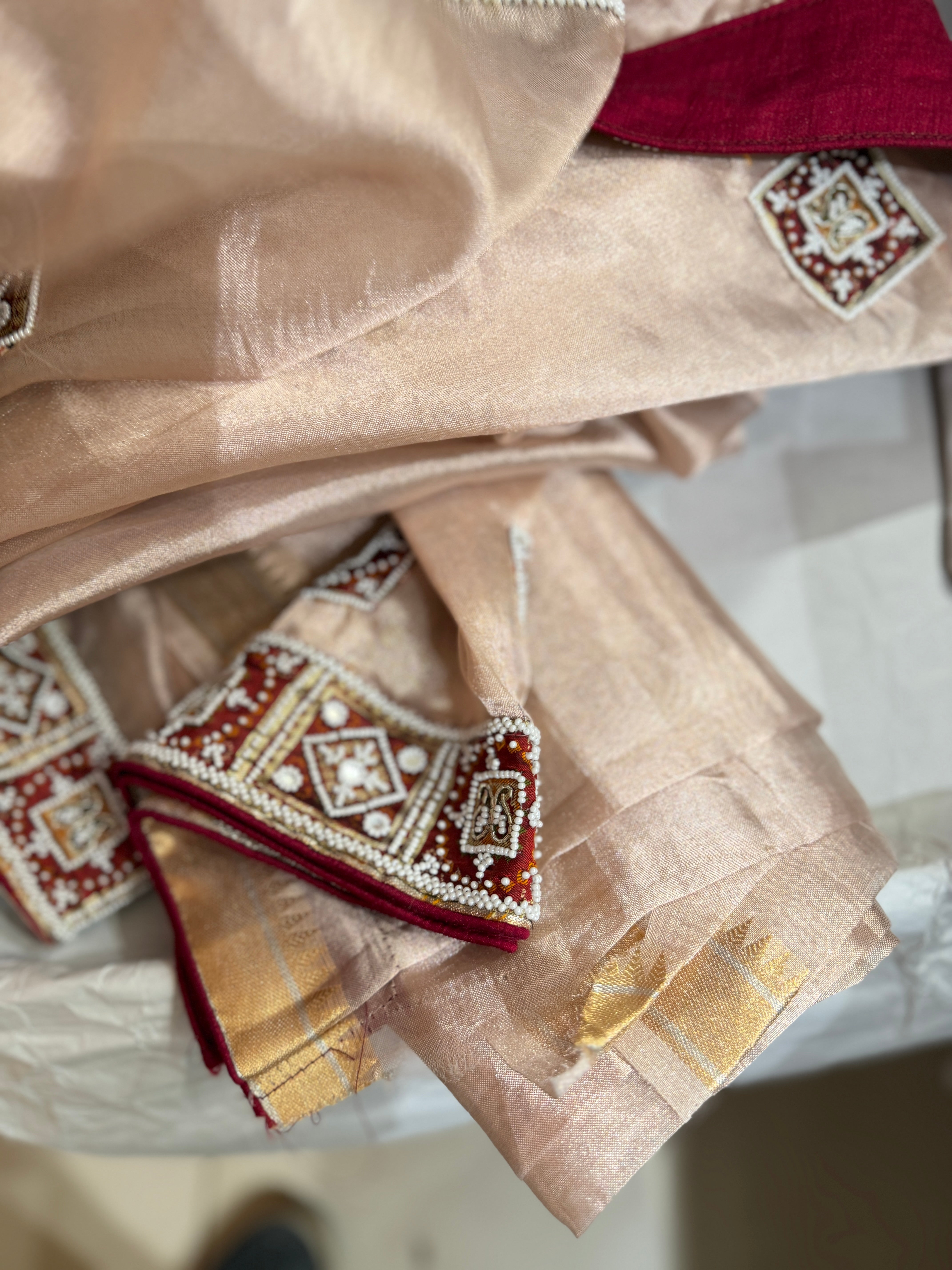Pink Tissue Banarasi Patola Patch Work Hand Embroidery Saree