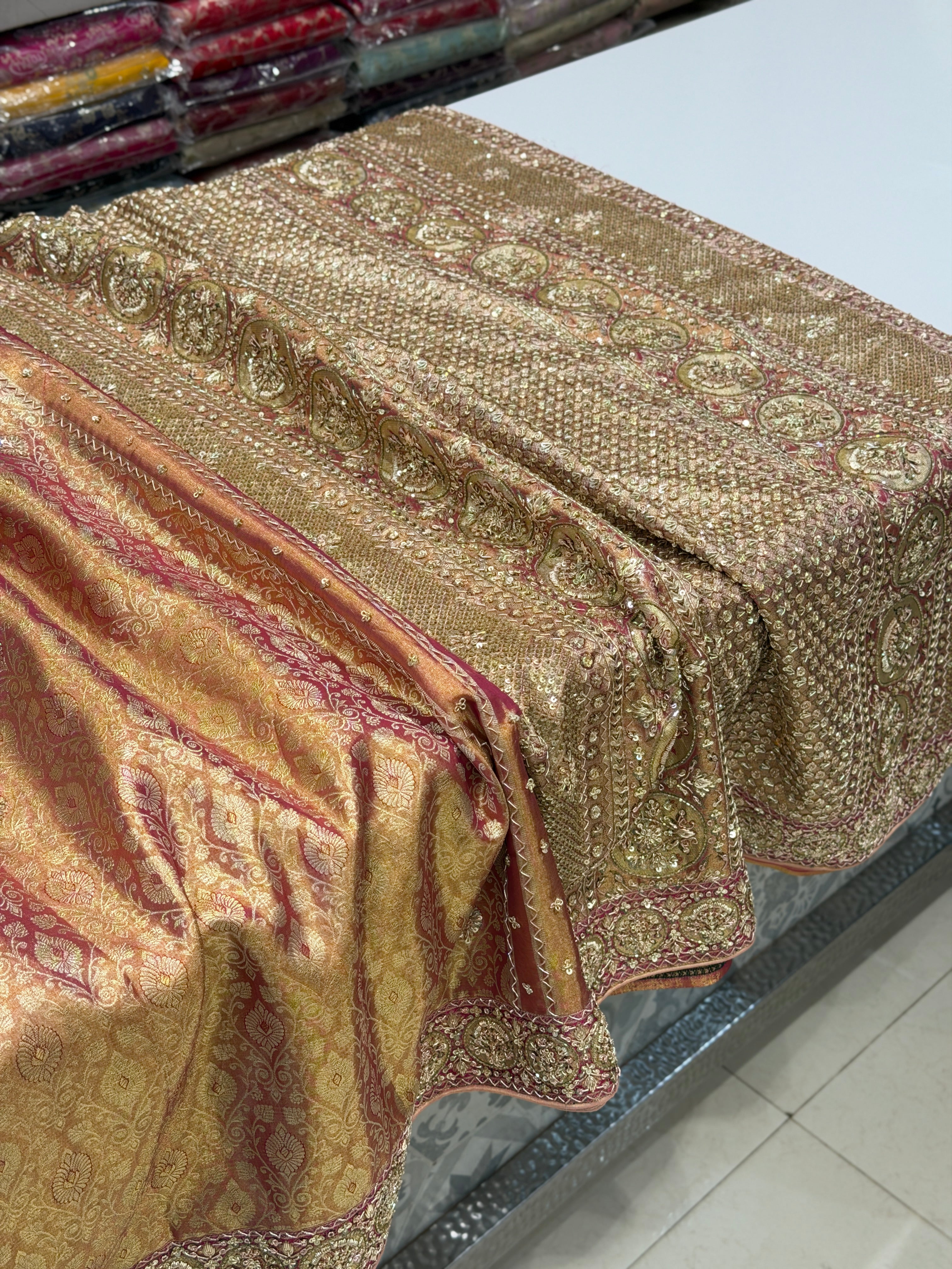 Golden Dhup Chav Kanjivaram Small Border Hand Embroidery Zardosi Saree