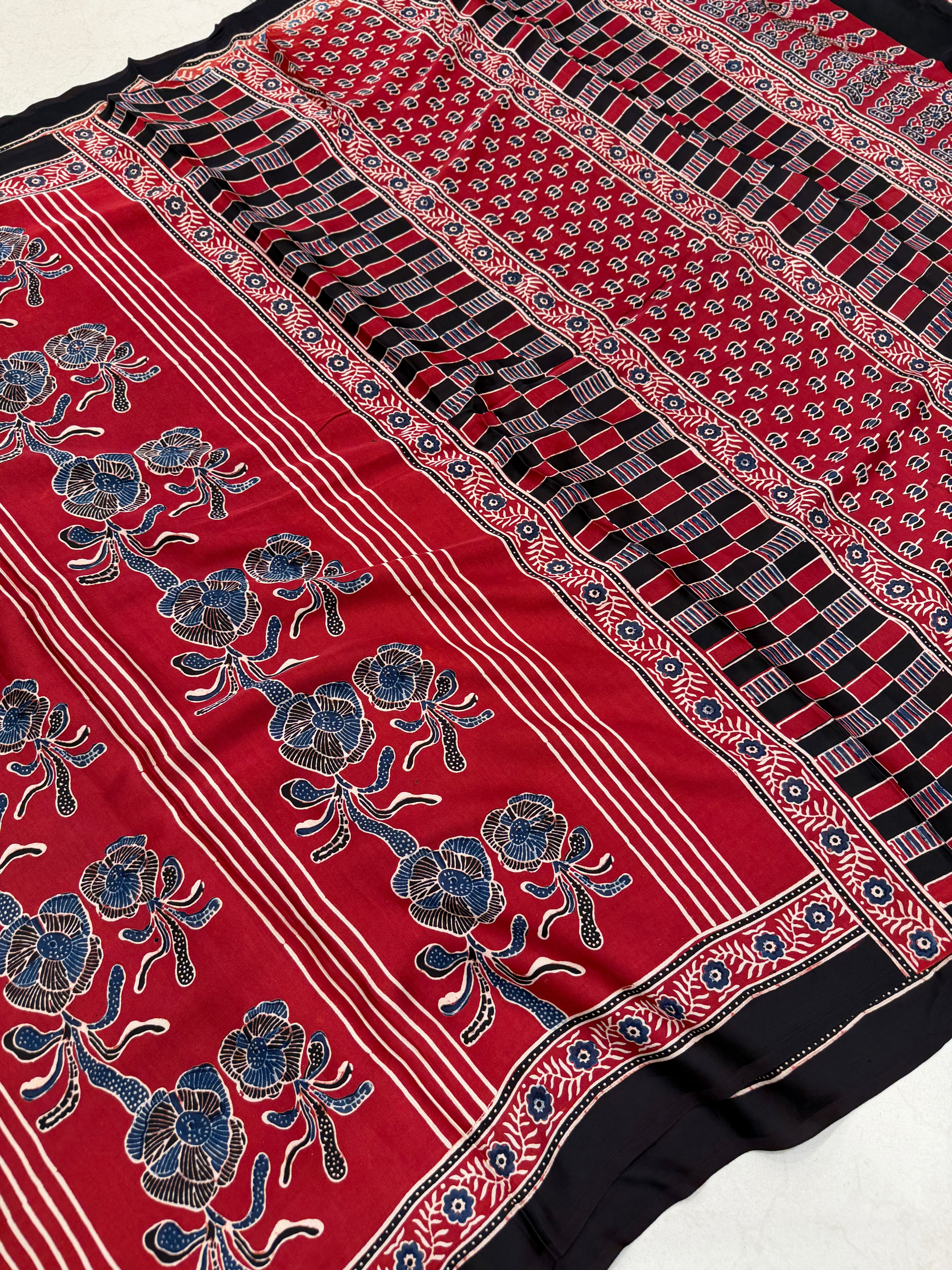 Red Rose Contemporary Ajrakh Block Print Hand Pure Gajji Silk Saree